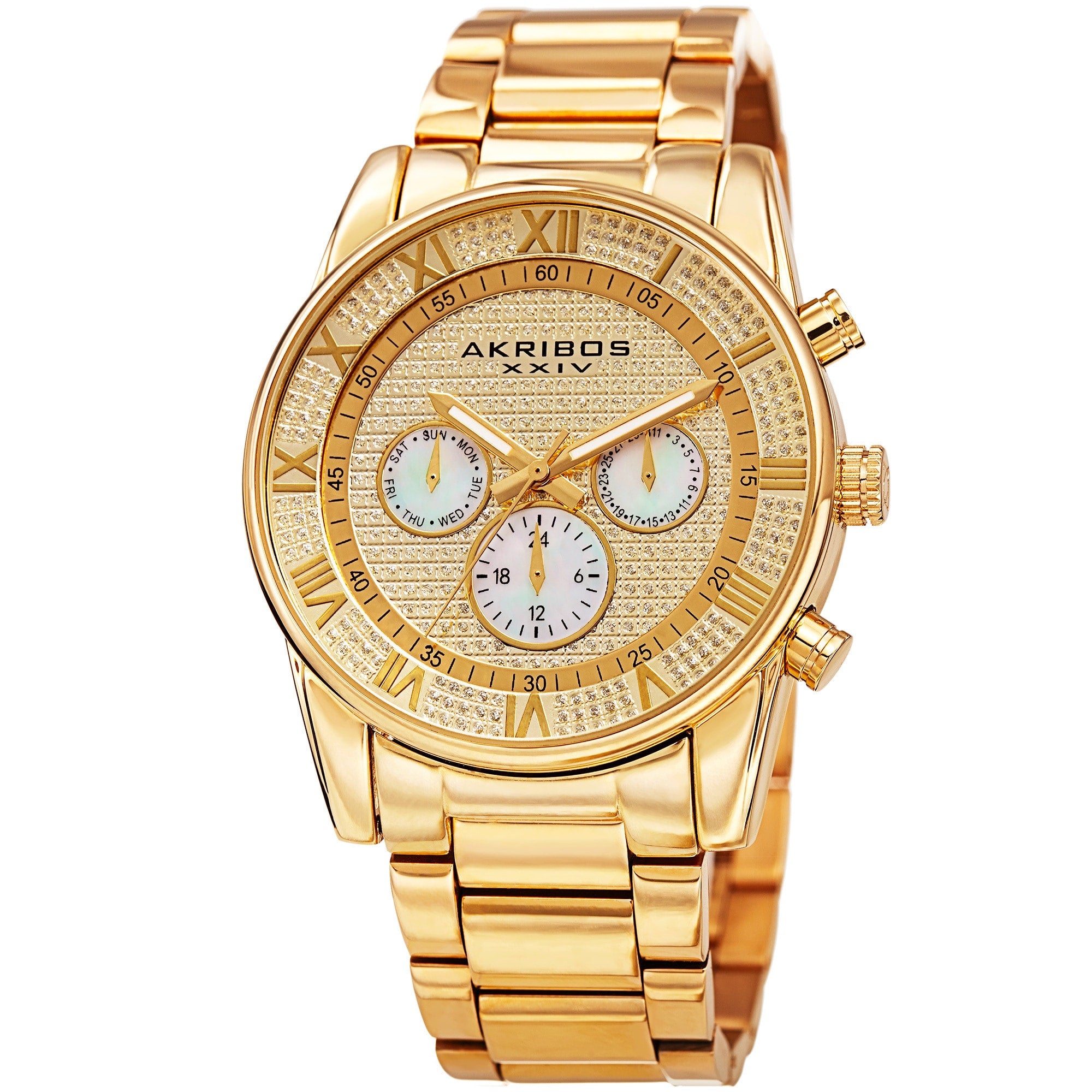 Akribos Xxiv Mens Swiss Quartz Crystal Multifunction Stainless Steel Gold Tone Bracelet