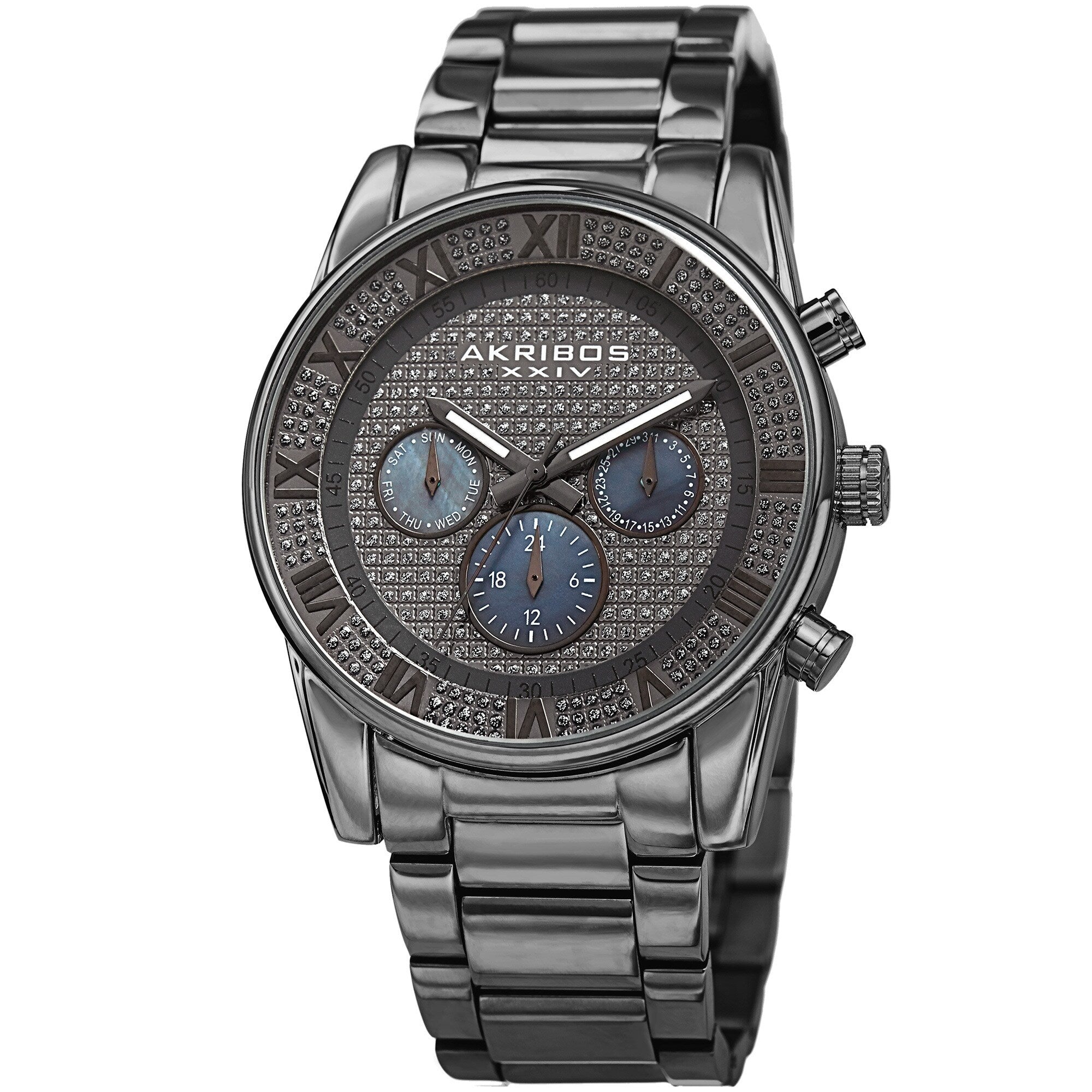 Akribos Xxiv Mens Swiss Quartz Crystal Multifunction Stainless Steel Gray Bracelet