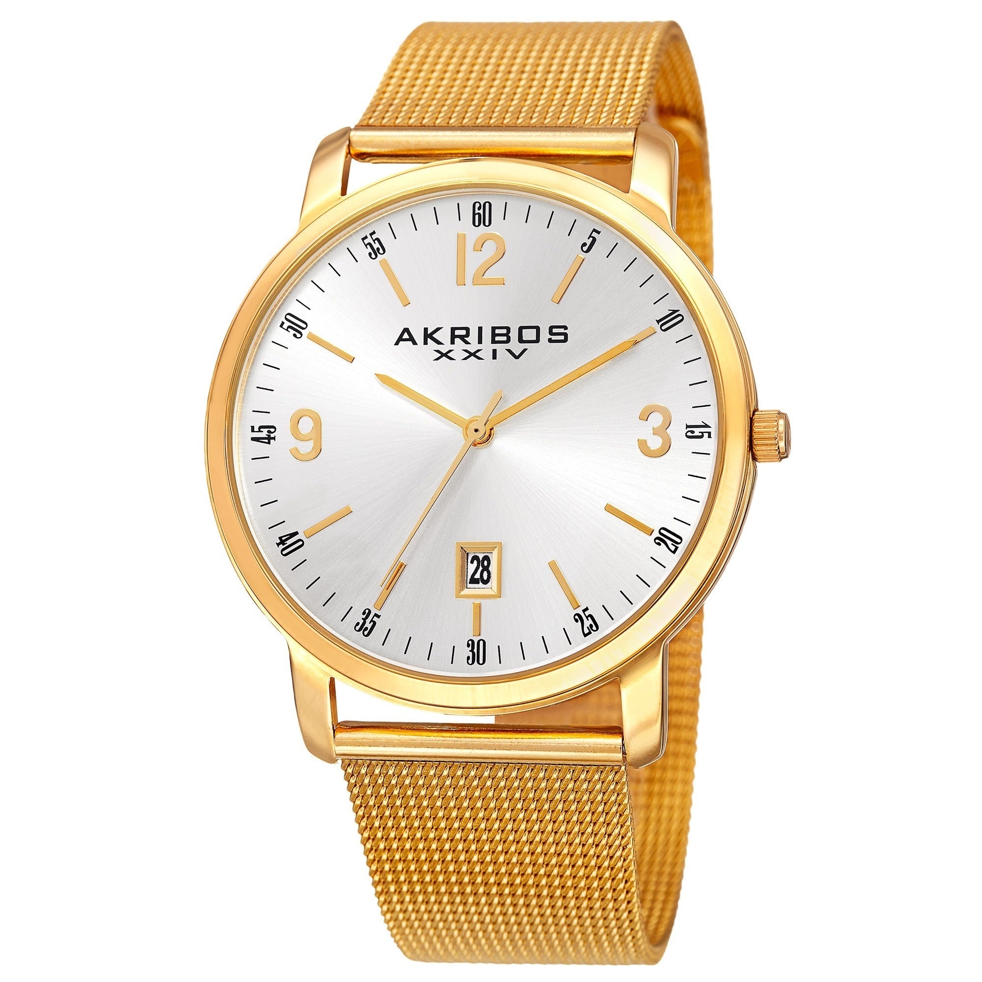 Akribos Xxiv Mens Swiss Quartz Date Aperture Stainless Steel Gold Tone Bracelet Watch Gold