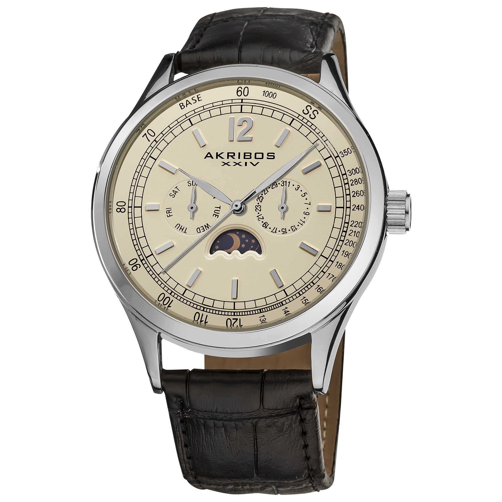 Akribos Xxiv Mens Swiss Quartz Moon Phase Leather Silver Tone Strap Watch With Champagne Dial