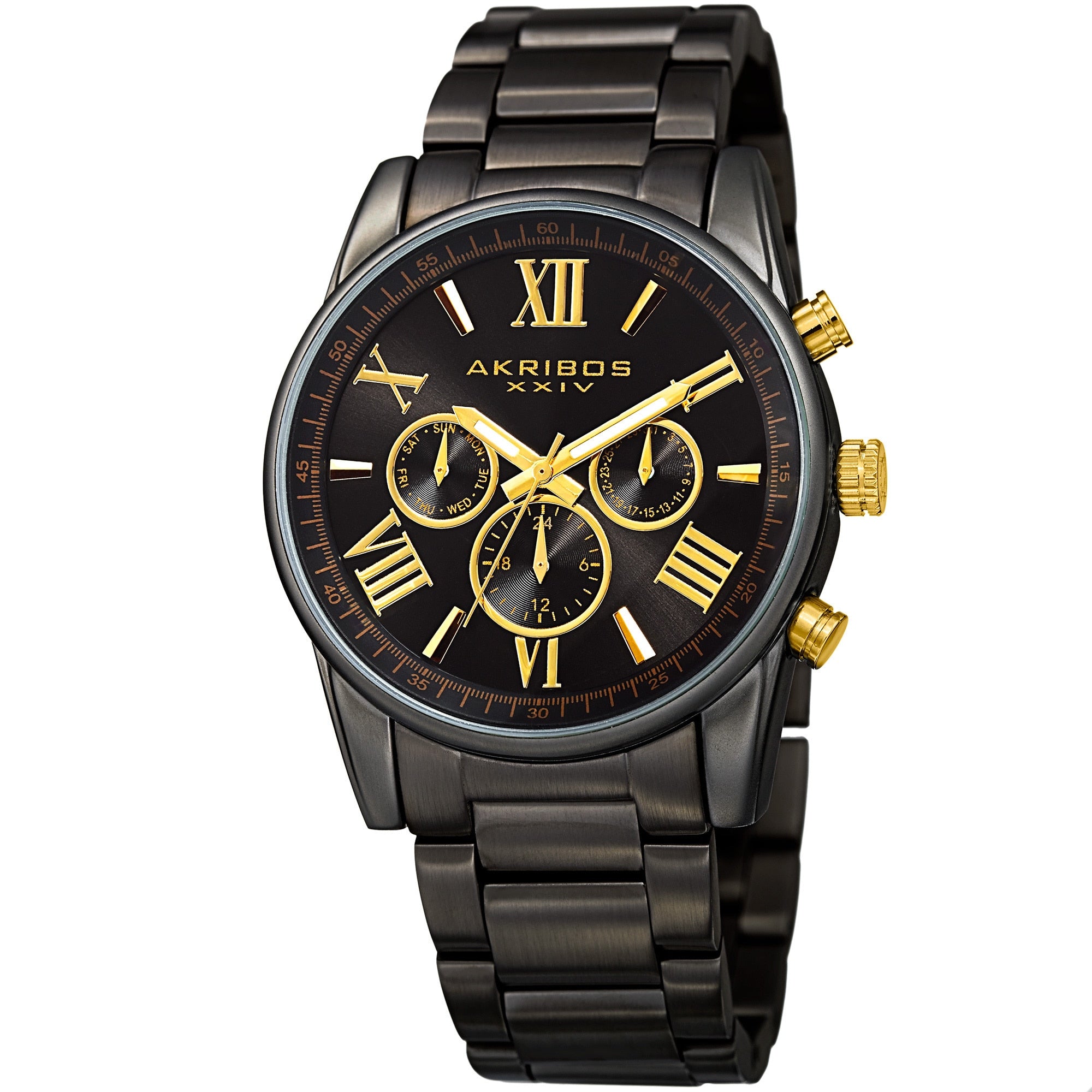 Akribos Xxiv Mens Swiss Quartz Multifunction Dual Time Black Bracelet Watch