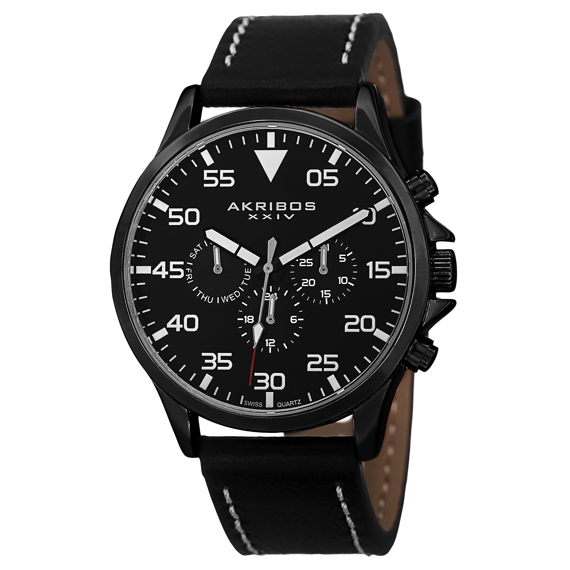 Akribos Xxiv Mens Swiss Quartz Multifunction Dual Time Leather Black Strap Watch