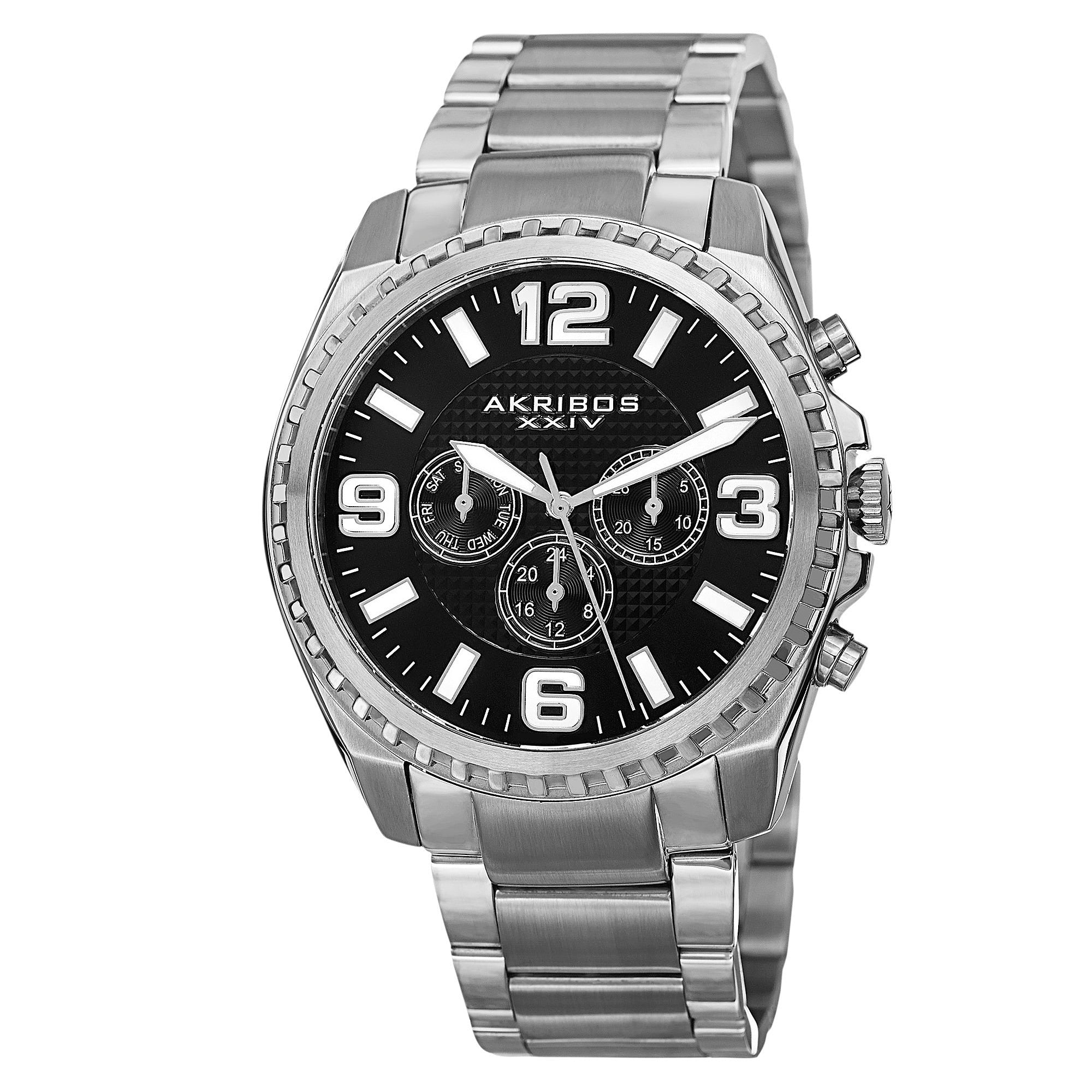 Akribos Xxiv Mens Swiss Quartz Multifunction Dual Time Stainless Steel Silver Tone Bracelet Watch
