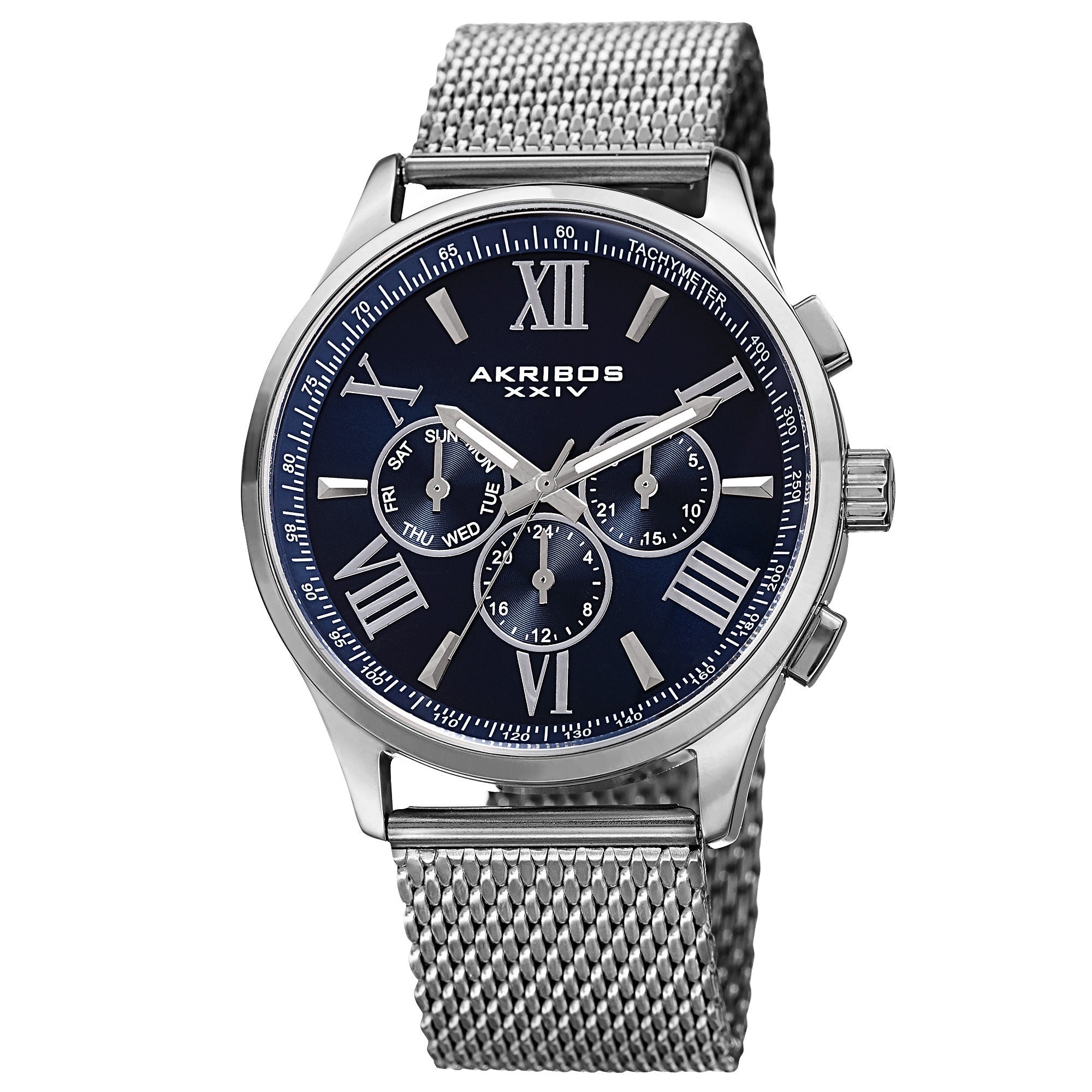 Akribos Xxiv Mens Swiss Quartz Multifunction Dual Time Stainless Steel Silver Tone Bracelet Watch Blue