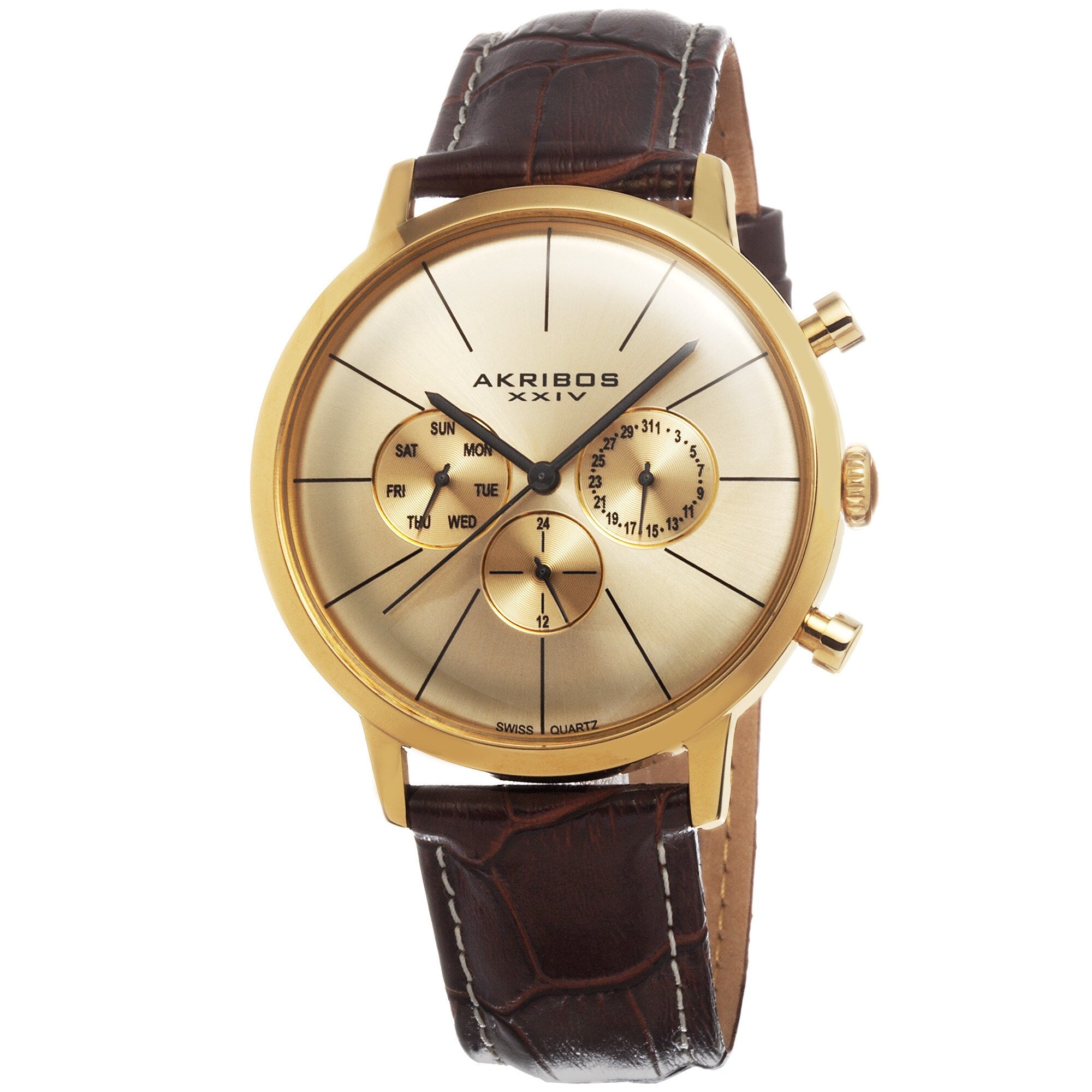 Akribos Xxiv Mens Swiss Quartz Multifunction Leather Gold Tone Strap Watch