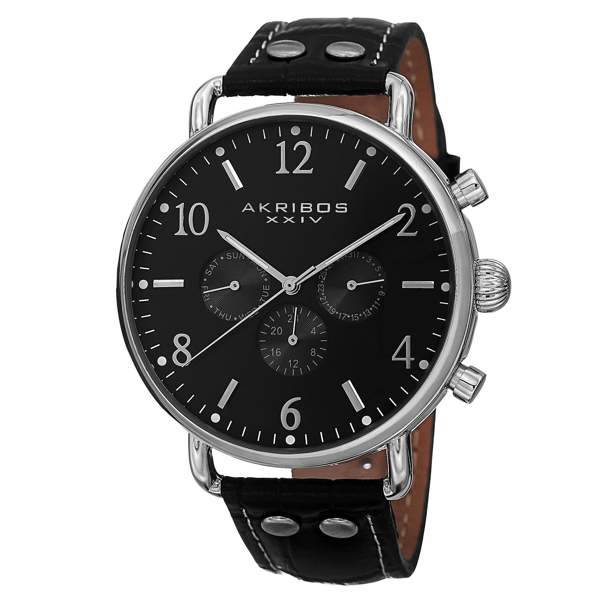 Akribos Xxiv Mens Swiss Quartz Multifunction Leather Silver Tone Strap Watch