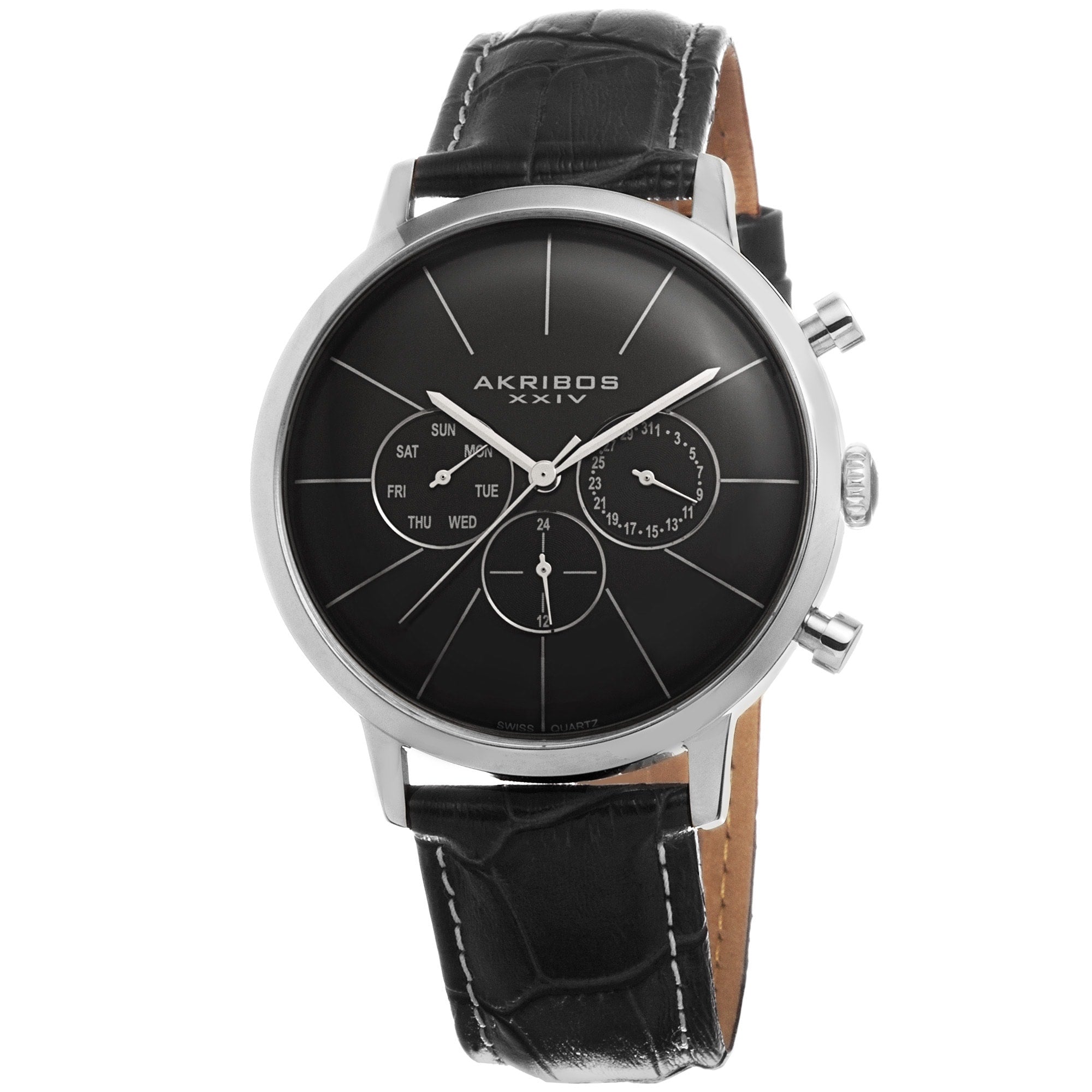 Akribos Xxiv Mens Swiss Quartz Multifunction Leather Silver Tone Strap Watch