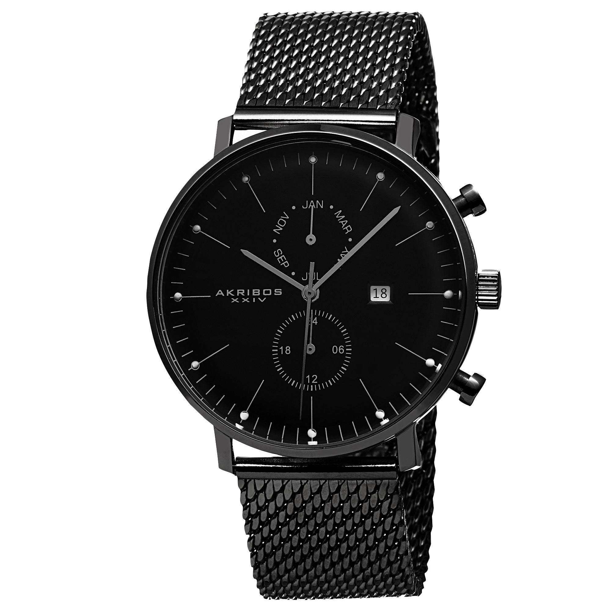 Akribos Xxiv Mens Swiss Quartz Multifunction Stainless Steel Mesh Black Strap Watch
