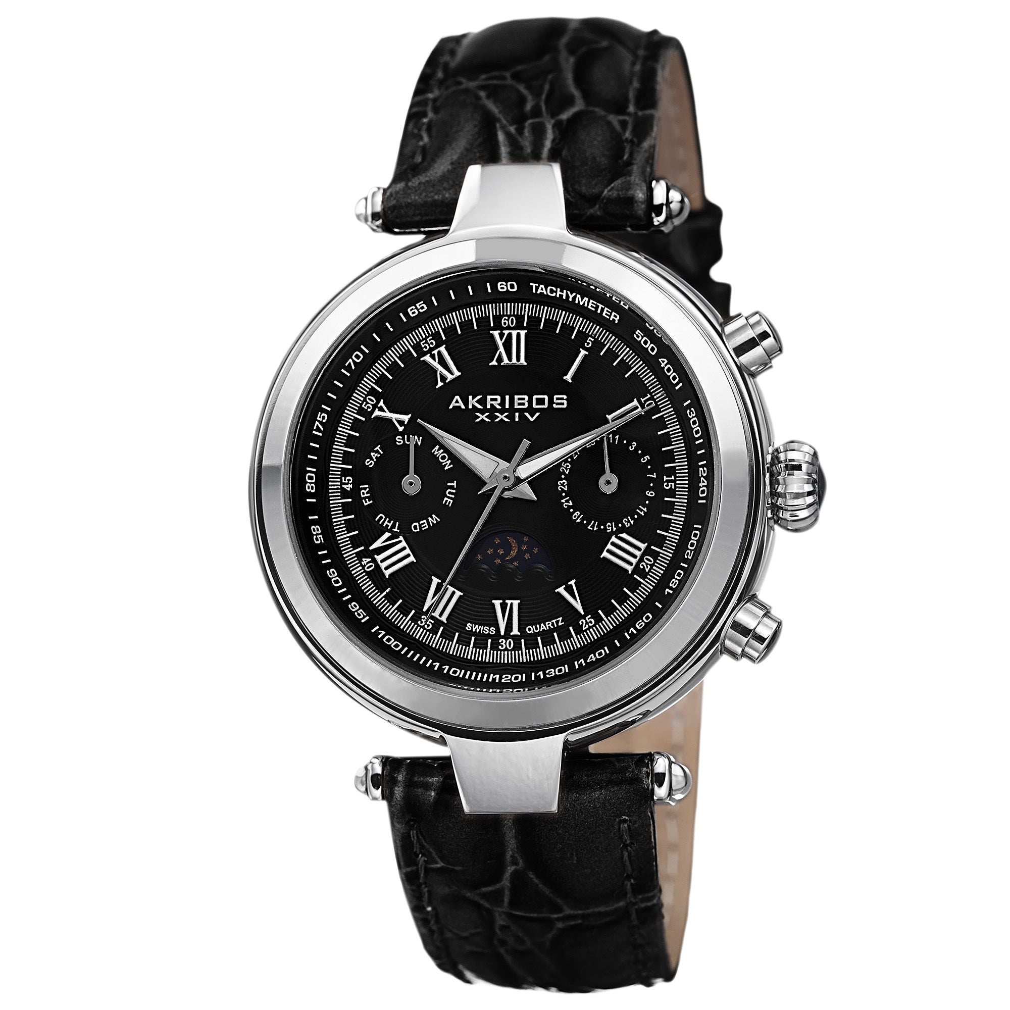 Akribos Xxiv Mens Swiss Quartz Multifunction Tachymeter Leather Silver Tone Strap Watch