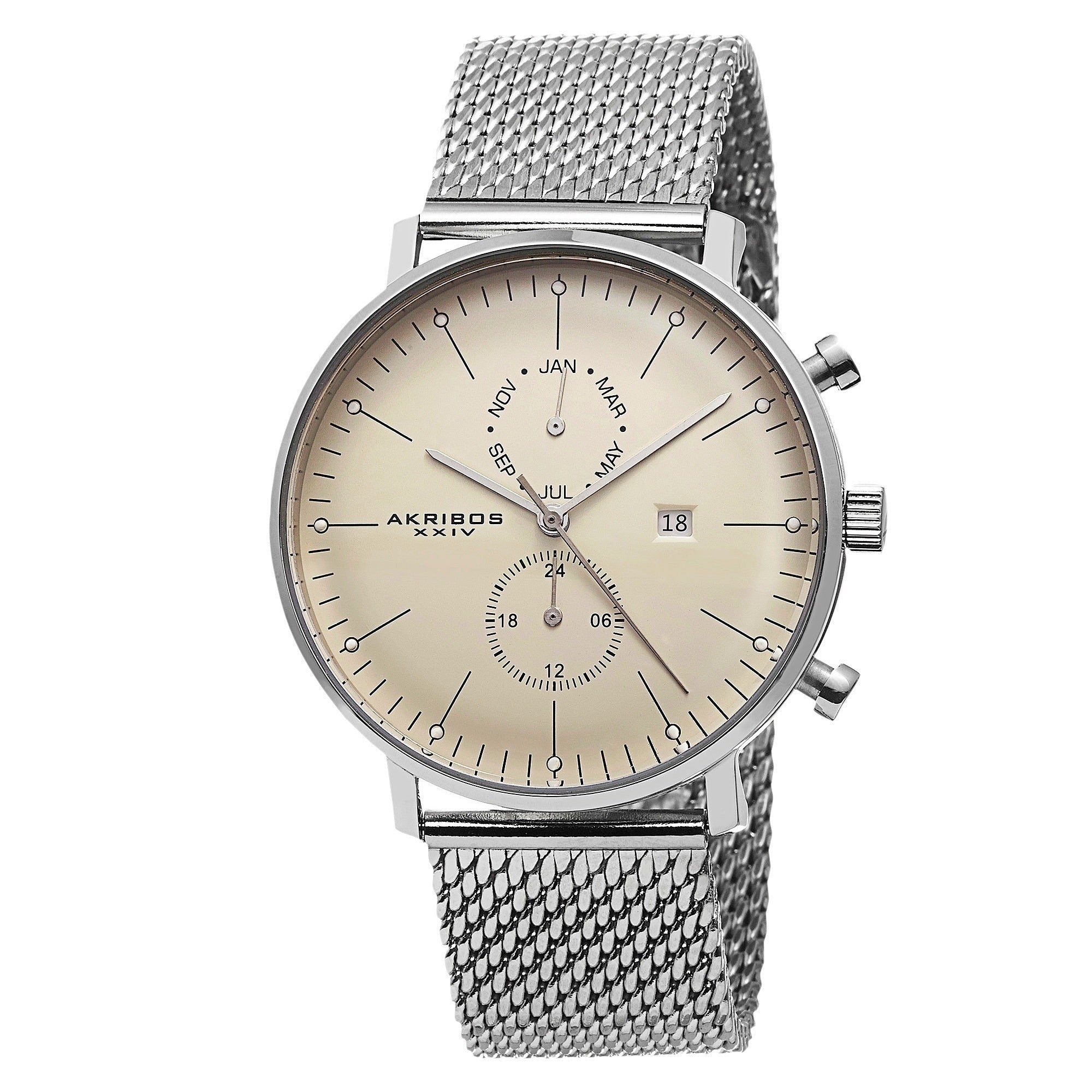 Akribos Xxiv Mens Swiss Quartz Stainless Steel Mesh Silver Tone Strap Watch