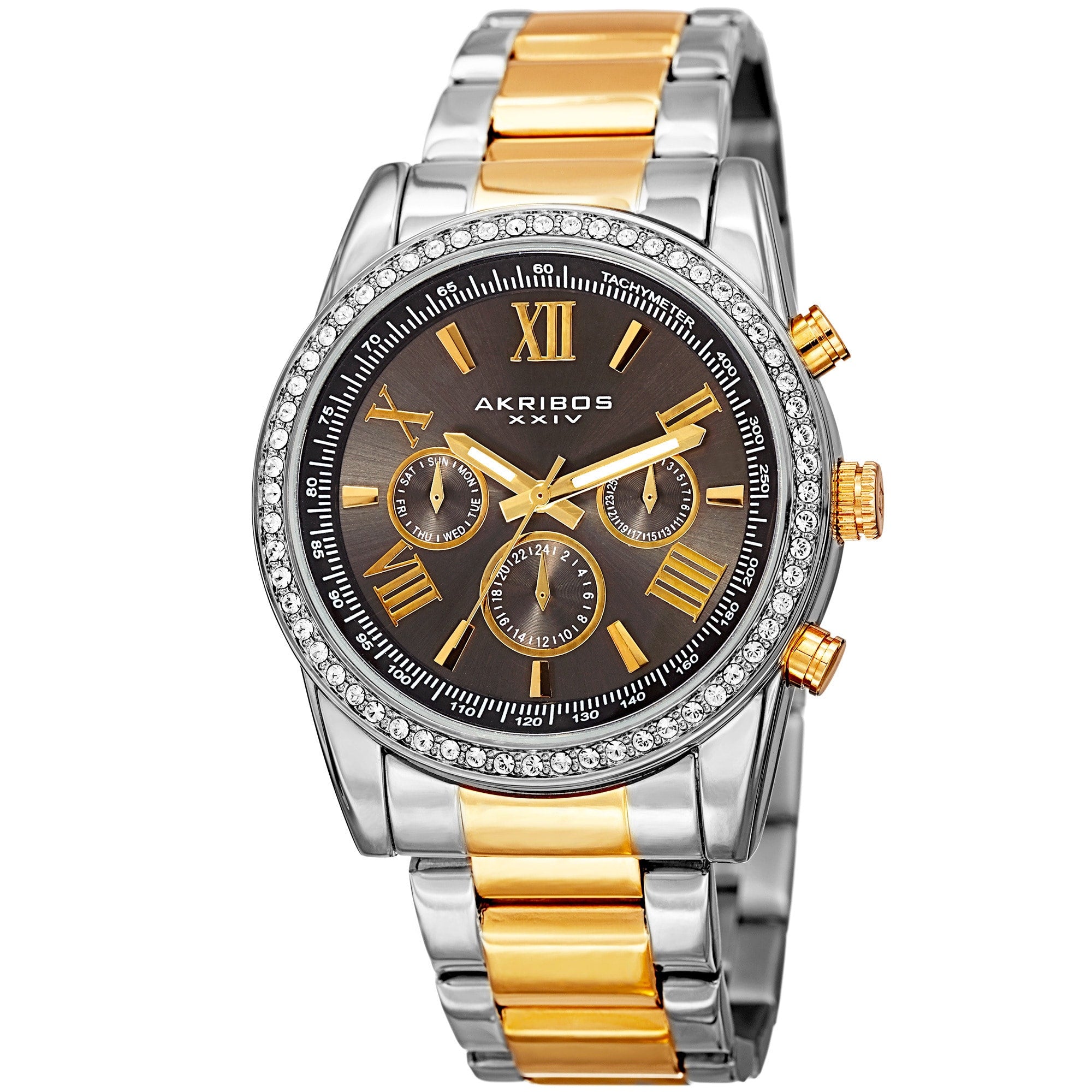 Akribos Xxiv Mens Swiss Quartz Swarovski Crystals Dual Time Stainless Steel Two Tone Bracelet Watch