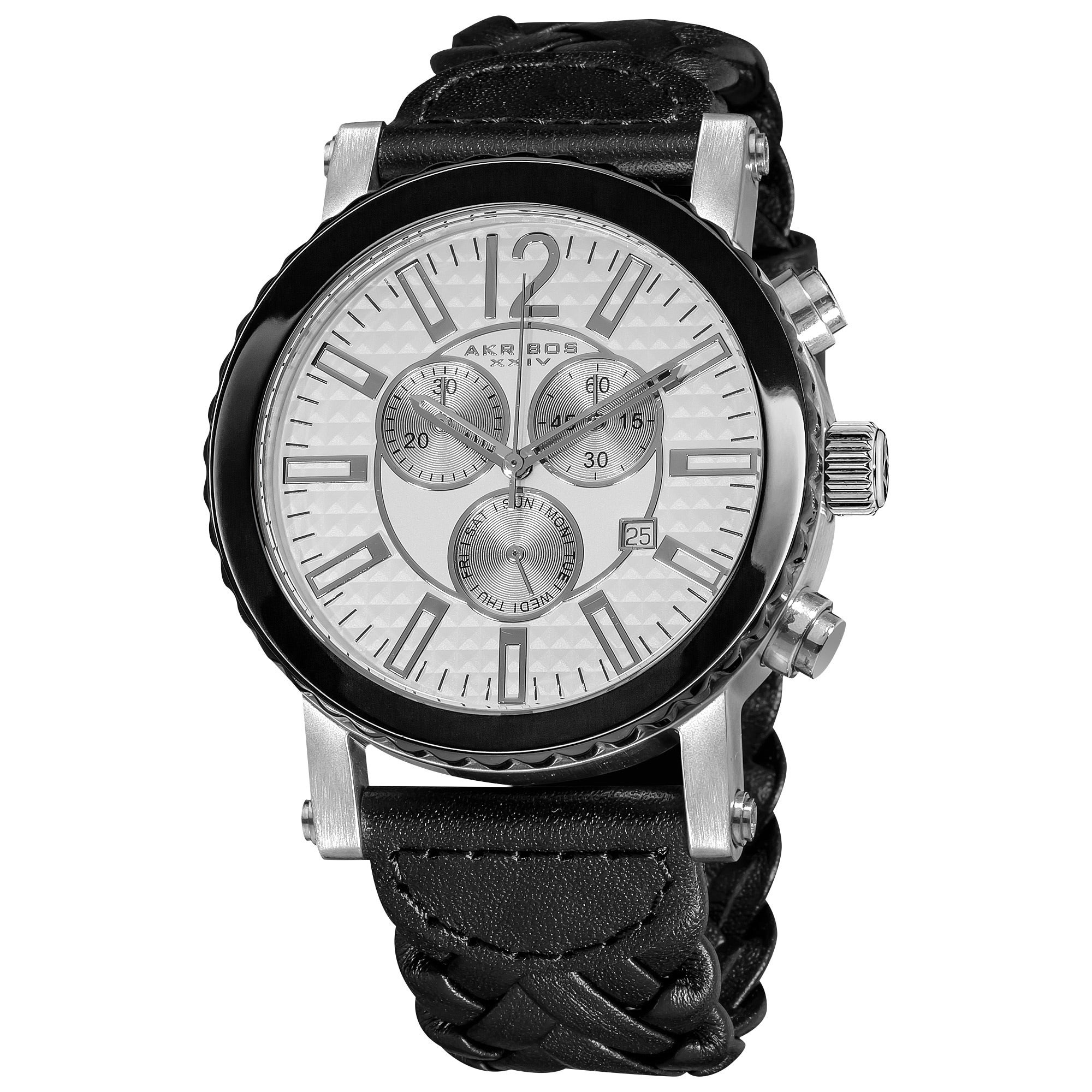 Akribos Xxiv Mens Swiss Quartz Water Resistant Braided Black Strap Chronograph Watch White