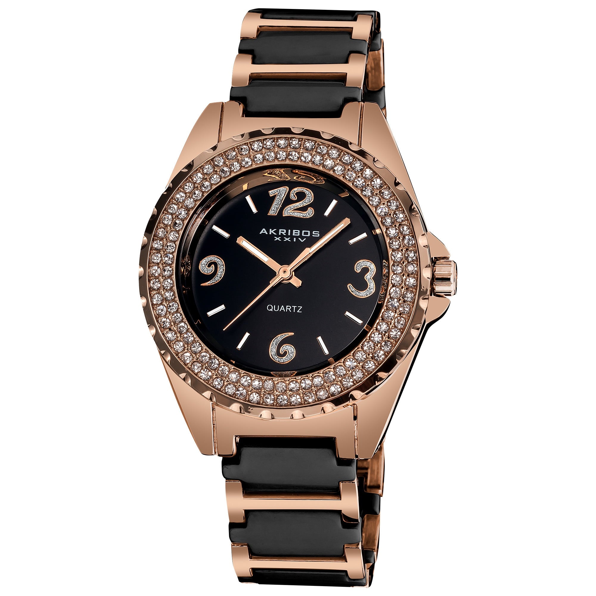 Akribos Xxiv Womens Crystal Accented Quartz Ceramic Two Tone Bracelet Watch