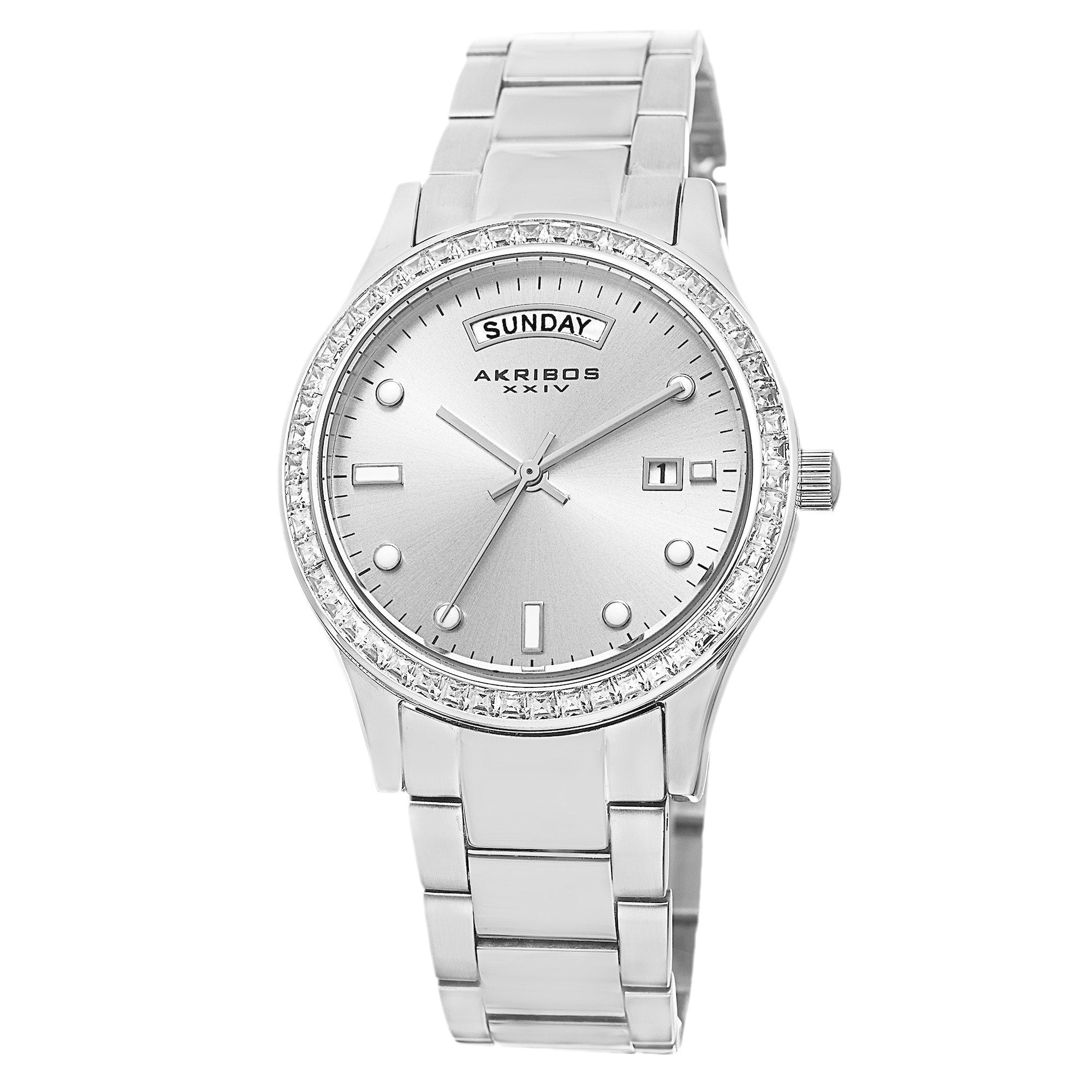 Akribos Xxiv Womens Crystal Bezel Stainless Steel Silver Tone Bracelet Watch