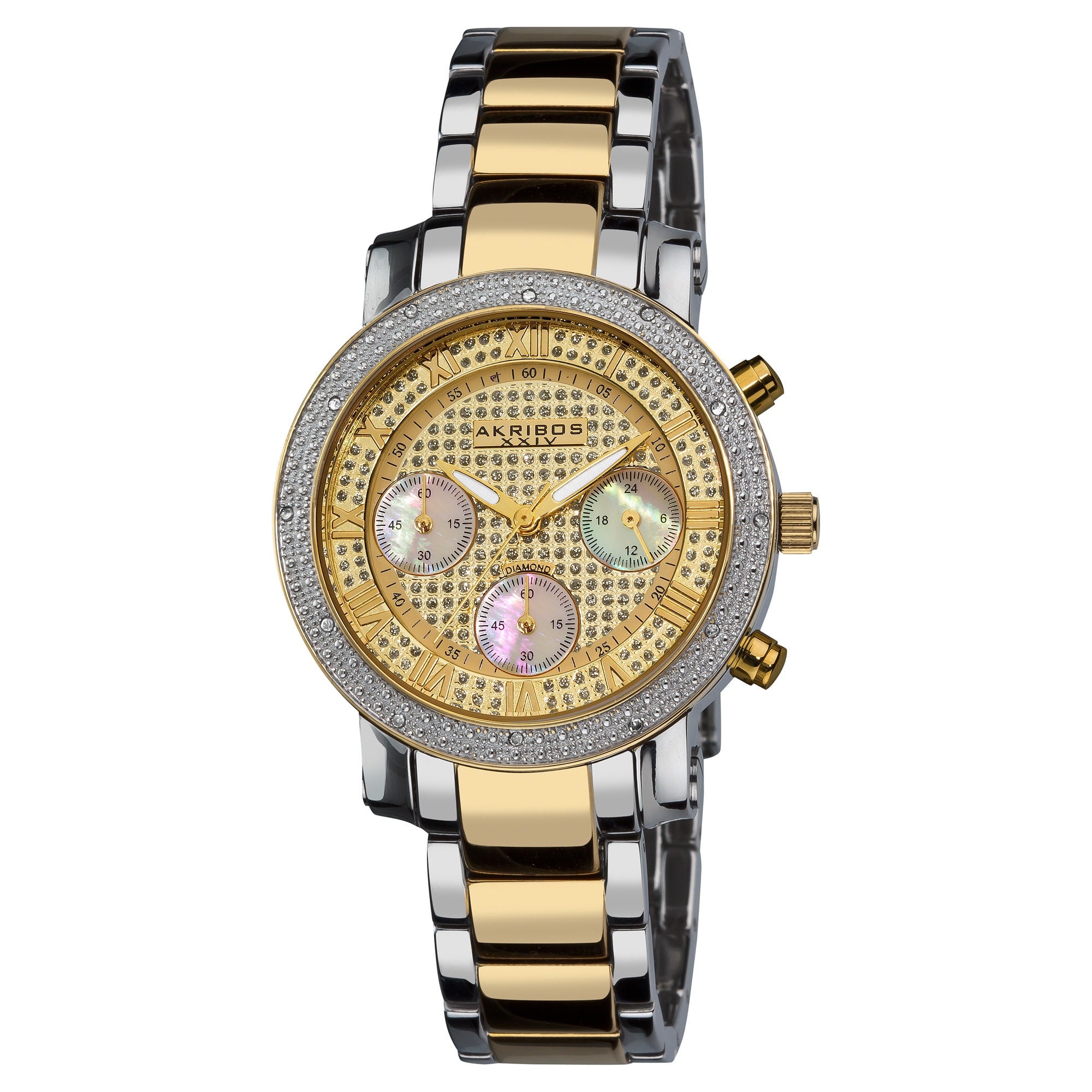 Akribos Xxiv Womens Diamond Quartz Chronograph Round Gold Tone Bracelet Watch