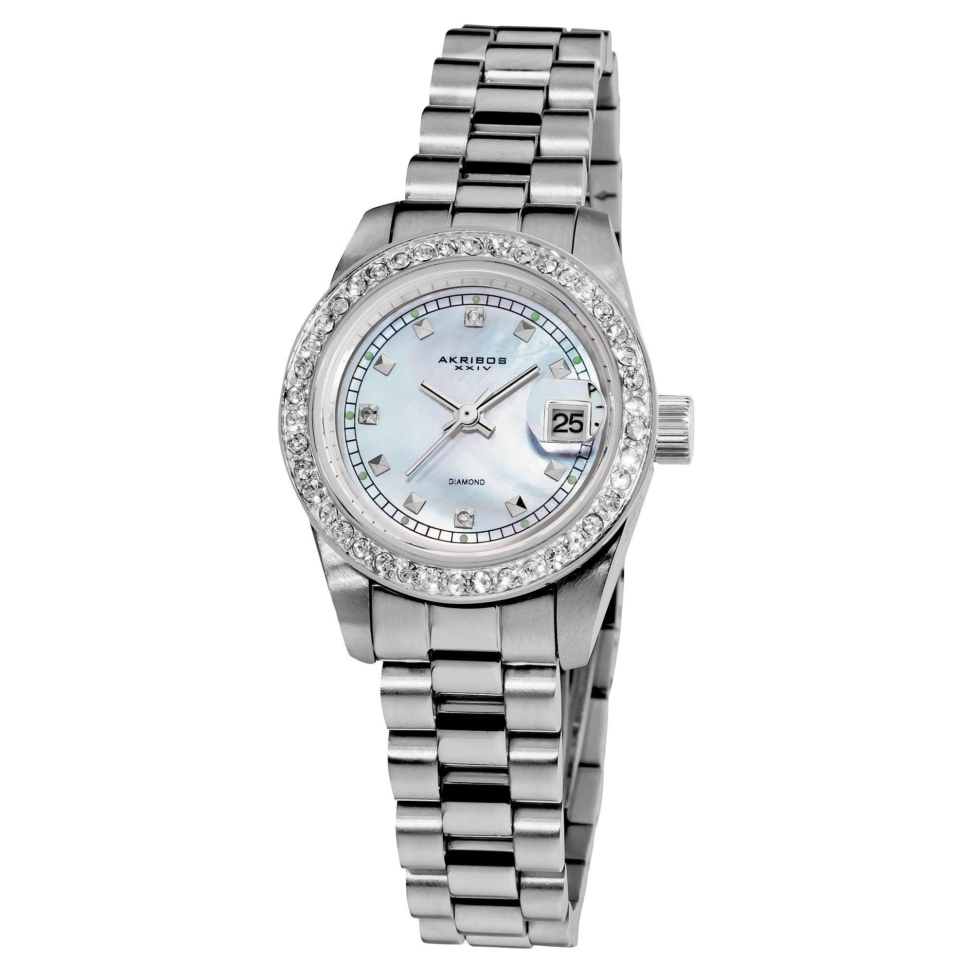 Akribos Xxiv Womens Diamond Quartz Water Resistant Silver Tone Bracelet Watch