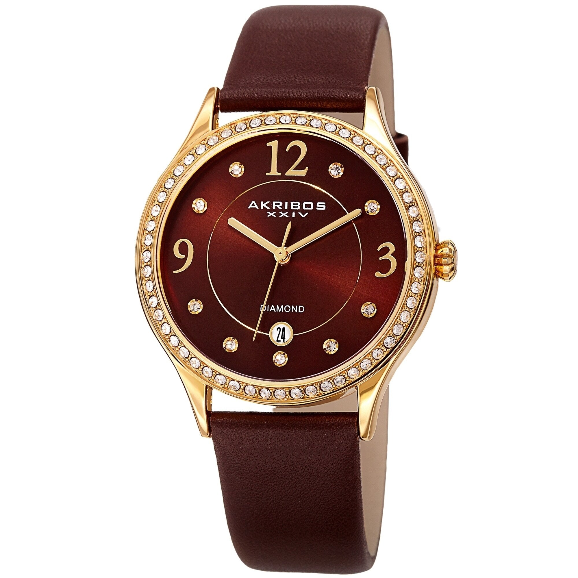Akribos Xxiv Womens Diamond Swarovski Crystal Date Brown Leather Strap Watch