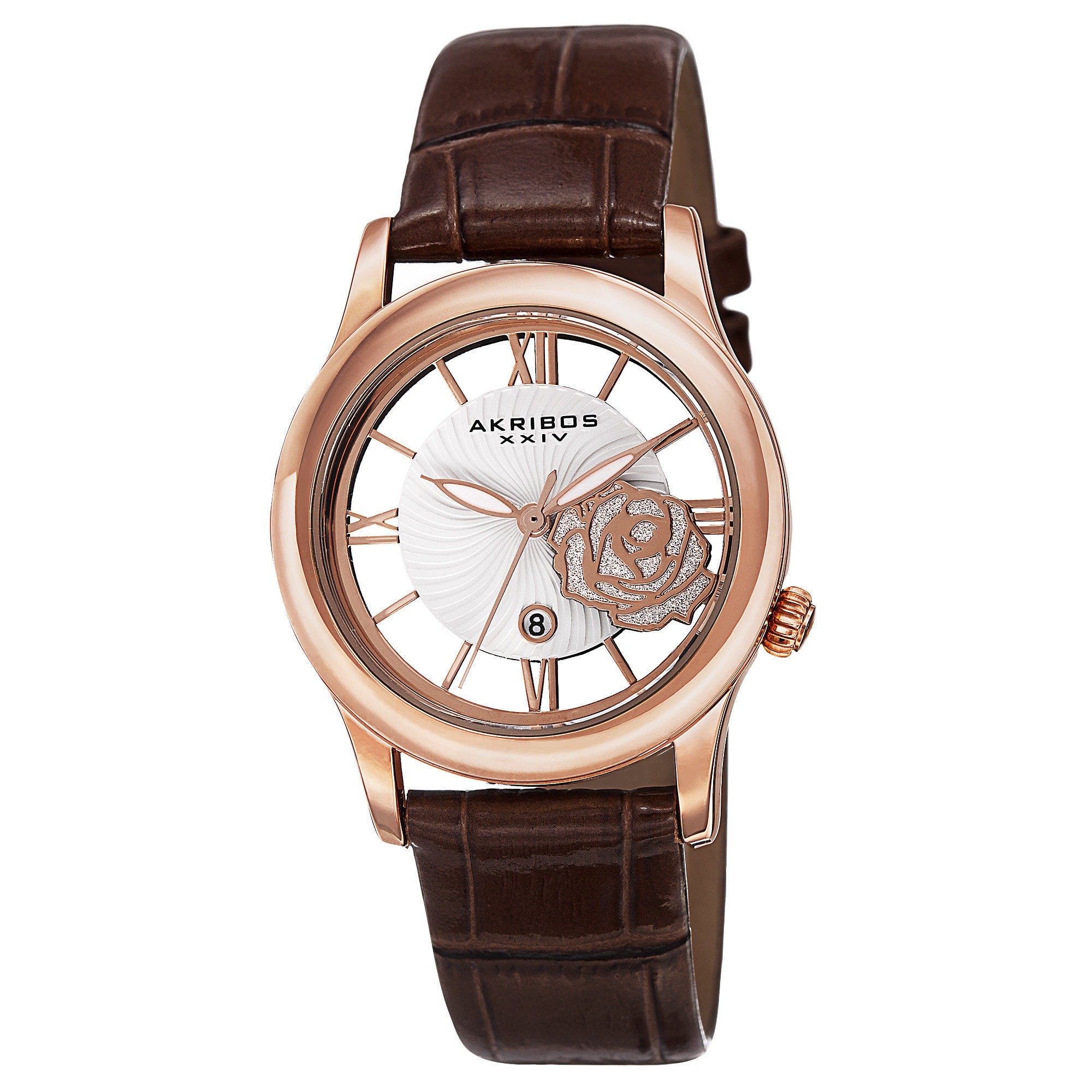 Akribos Xxiv Womens Floral Japanese Quartz Leather Strap Watch