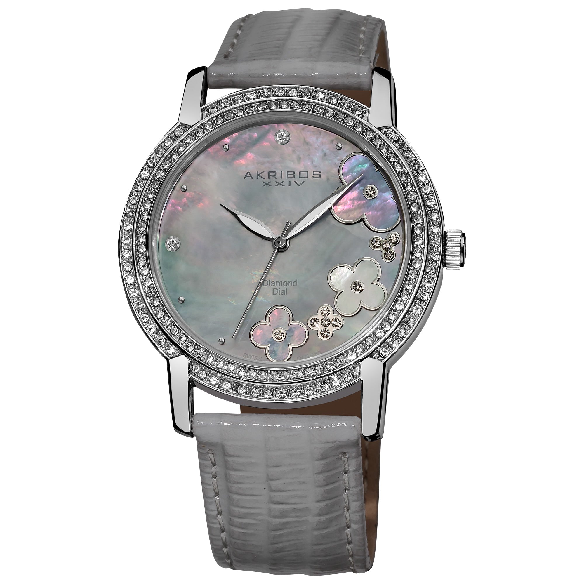 Akribos Xxiv Womens Flower Diamond Accent Watch With Gray Strap Silver