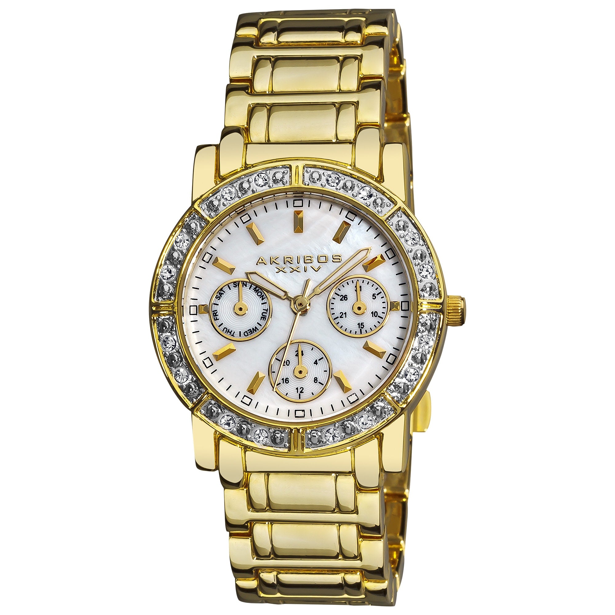 Akribos Xxiv Womens Goldtone Crystal Multifunction Bracelet Watch
