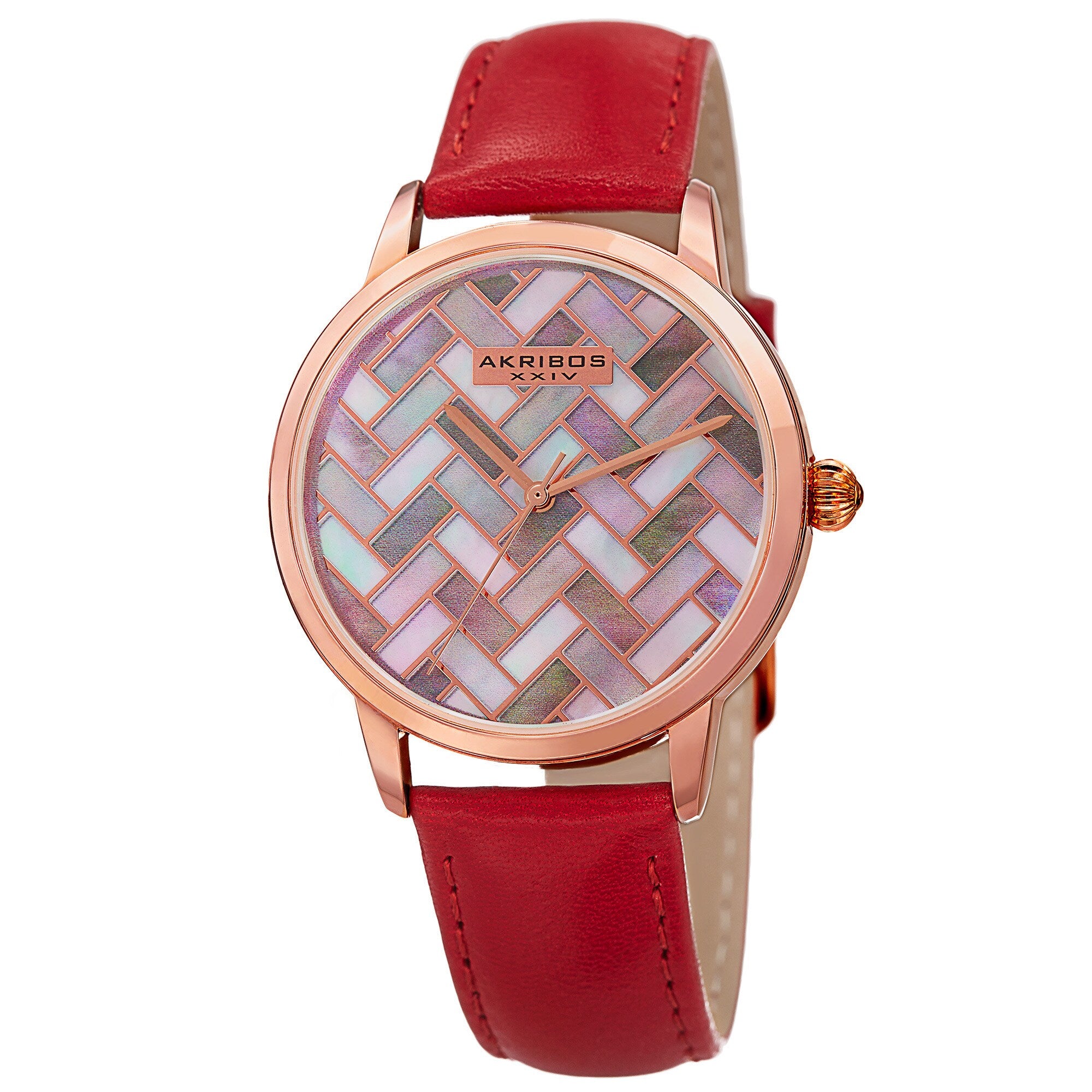 Akribos Xxiv Womens Japanese Quartz Leather Strap Watch Red