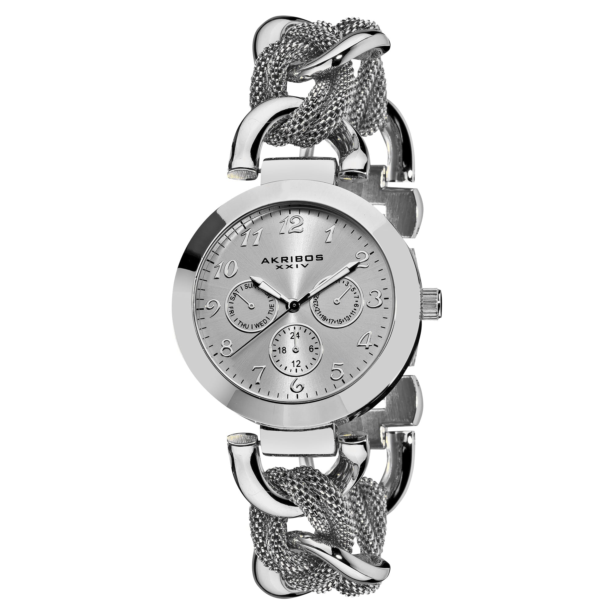 Akribos Xxiv Womens Multifunction Stainless Steel Mesh Link Silver Tone Bracelet Watch Silver