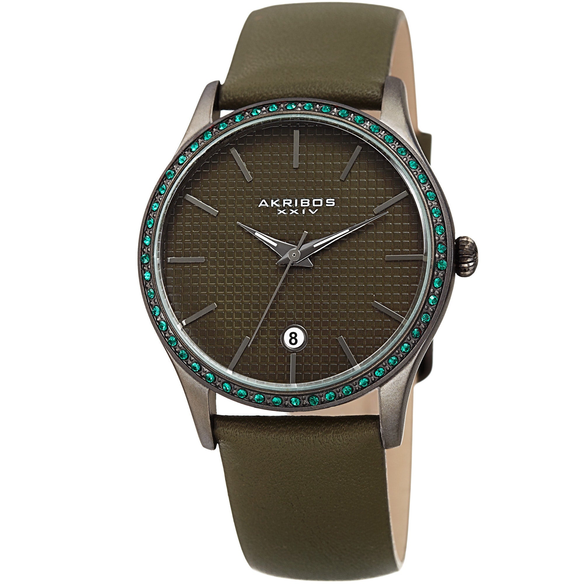 Akribos Xxiv Womens Quartz Date Swarovski Crystal Leather Green Strap Watch