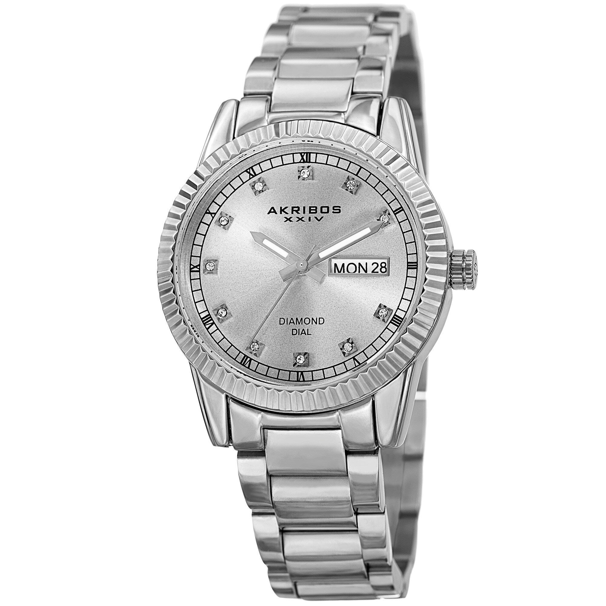 Akribos Xxiv Womens Quartz Diamond Date Stainless Steel Silver Tone Bracelet Watch