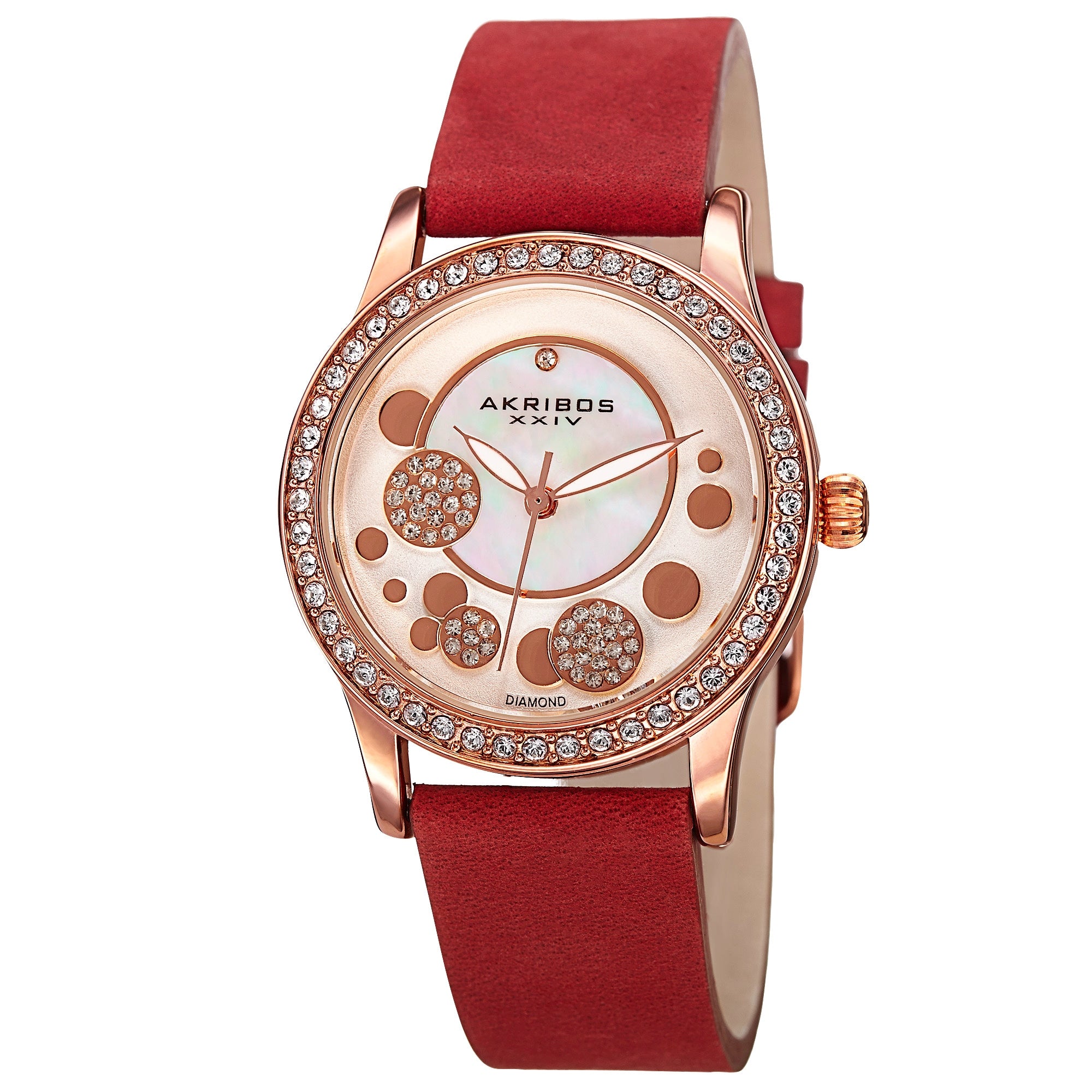 Akribos Xxiv Womens Quartz Diamond Leather Red Strap Watch