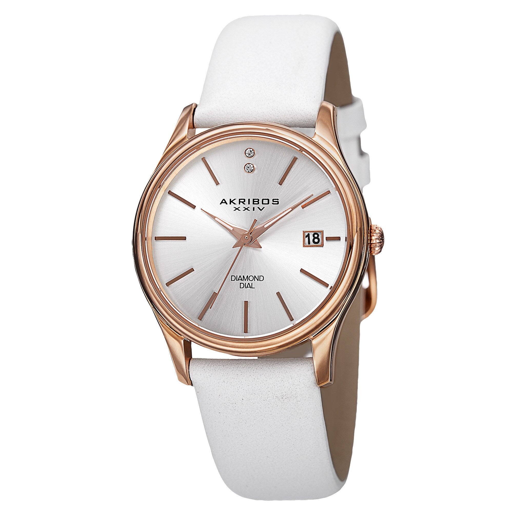Akribos Xxiv Womens Quartz Diamond Leather White Strap Watch