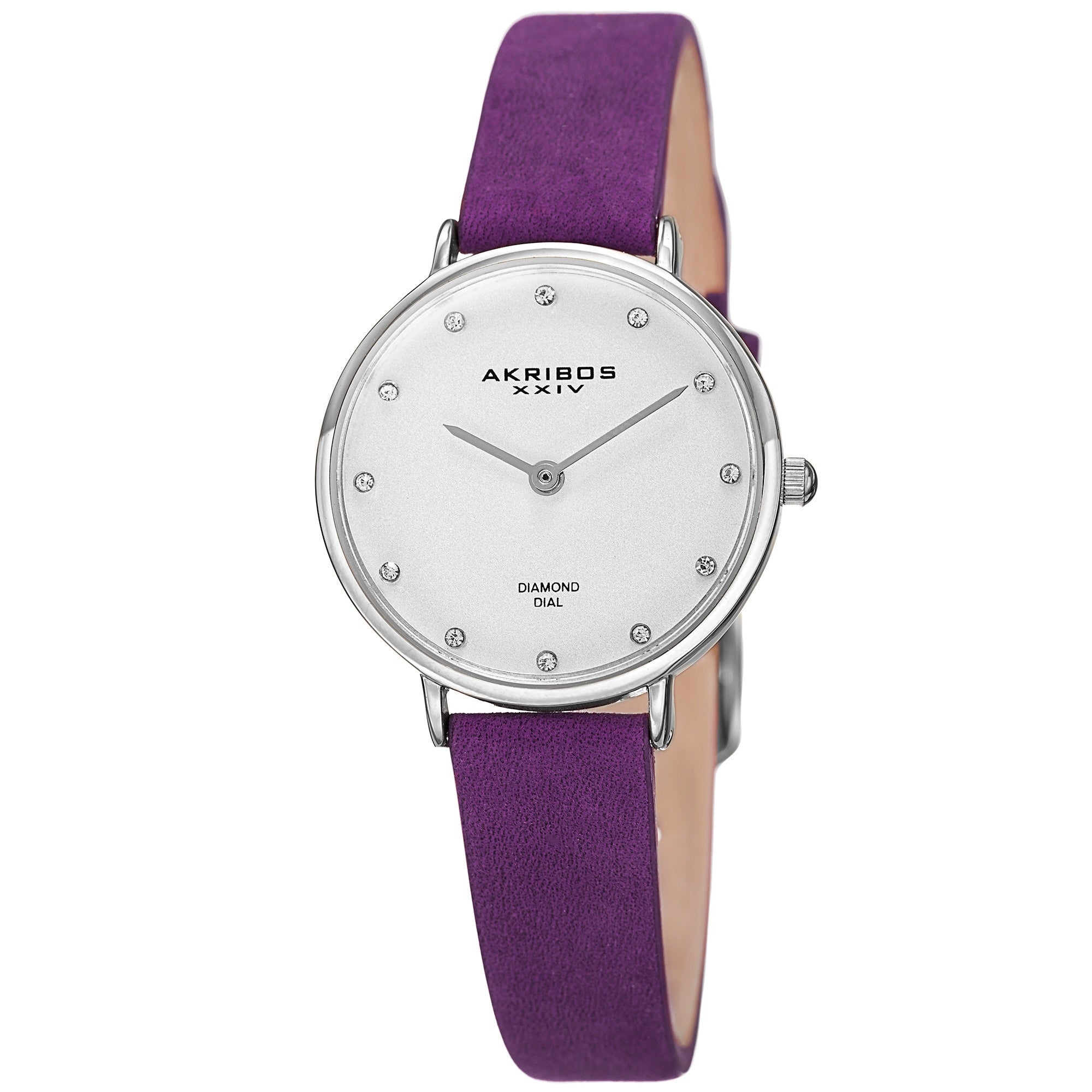 Akribos Xxiv Womens Quartz Diamond Markers Crazy Horse Leather Purple Strap Watch