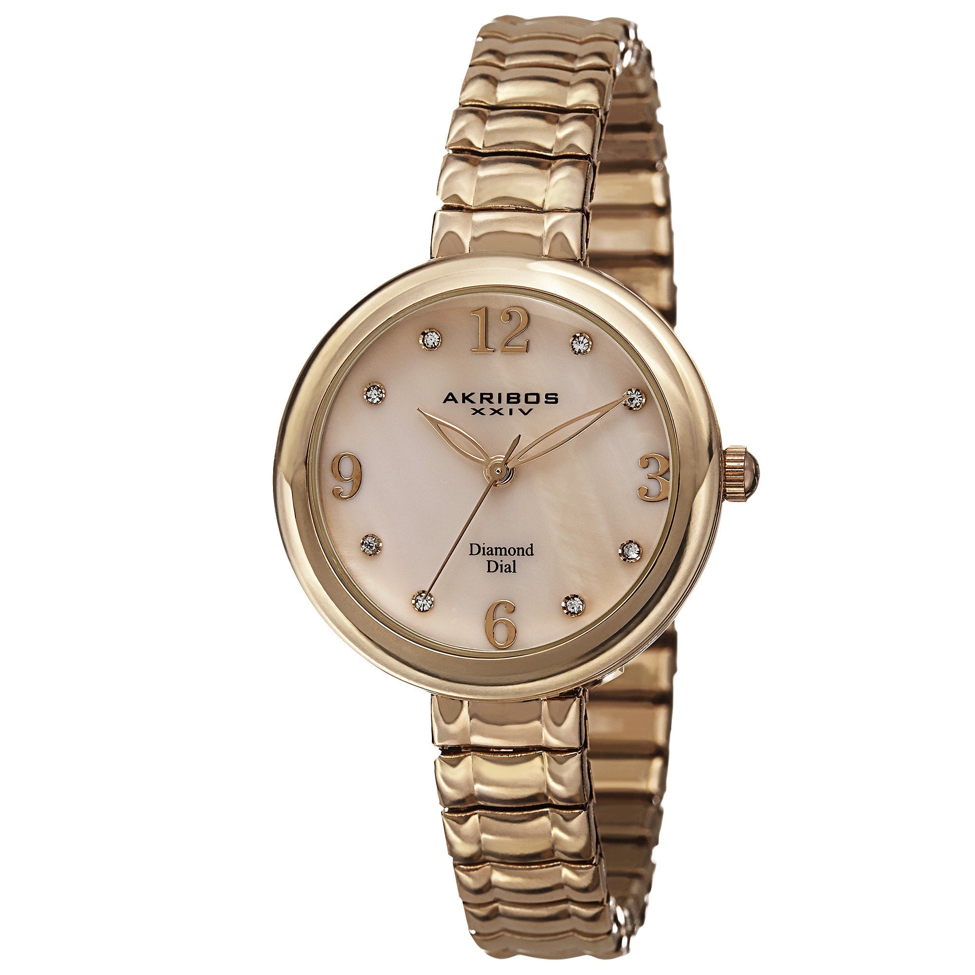 Akribos Xxiv Womens Quartz Diamond Markers Expandable Gold Tone Bracelet Watch