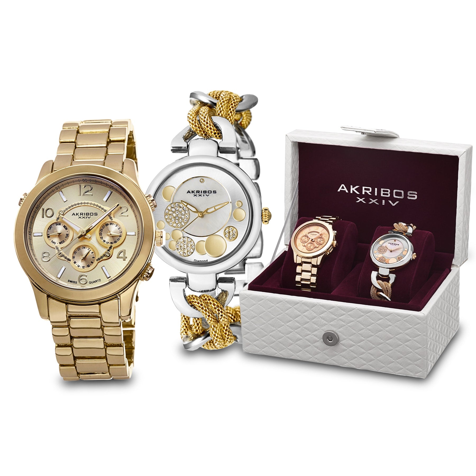 Akribos Xxiv Womens Quartz Diamond Multifunction Gold Tone Bracelet Watch Set