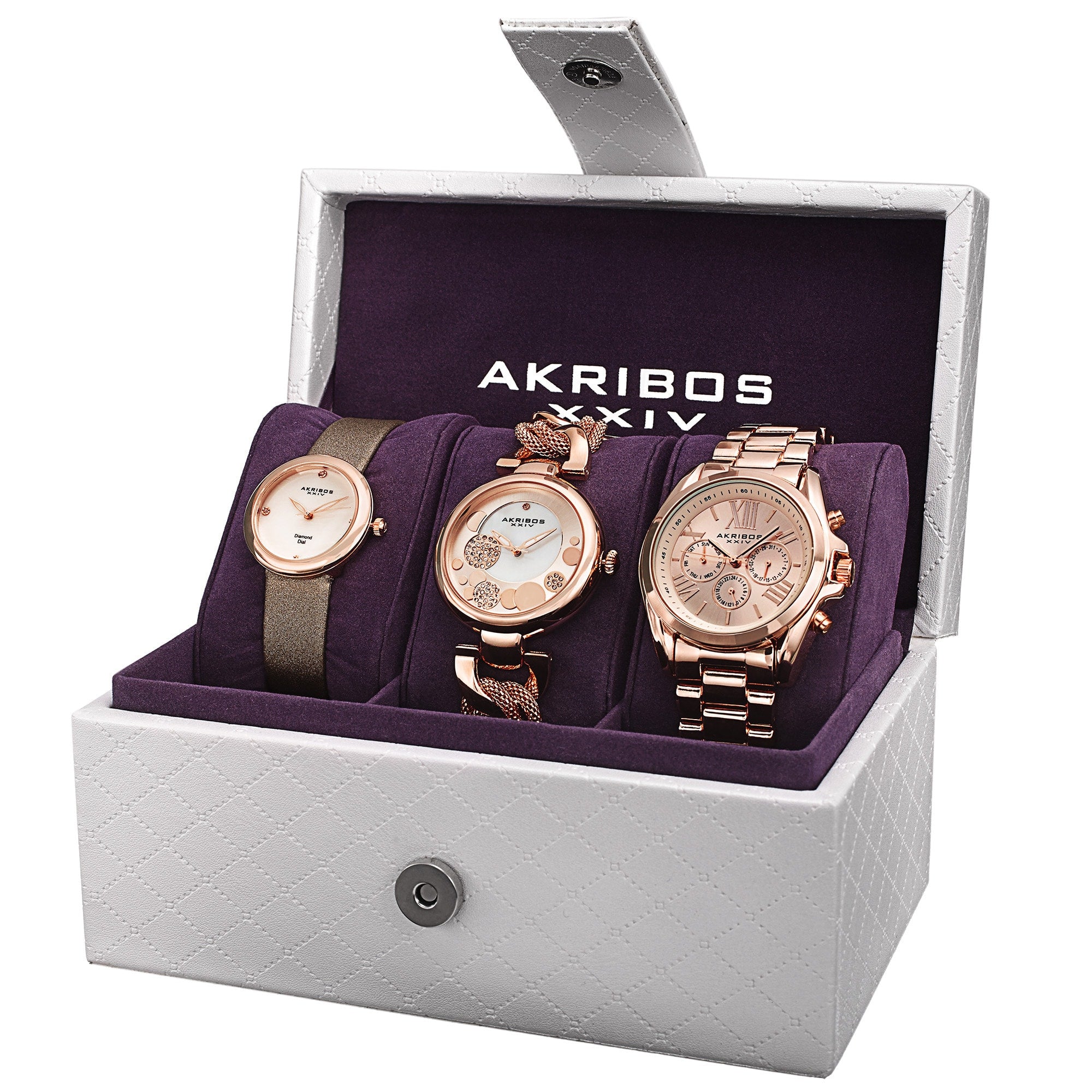Akribos Xxiv Womens Quartz Diamond Multifunction Rose Tone Watch Set