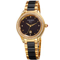Akribos Xxiv Womens Quartz Diamond Oyster Shell Pattern Gold Tone Black Bracelet Watch