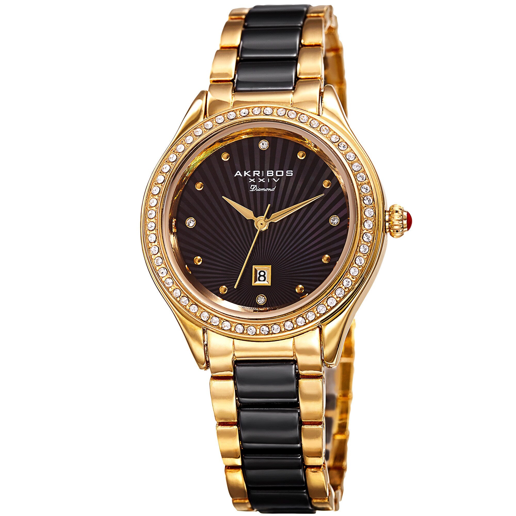 Akribos Xxiv Womens Quartz Diamond Oyster Shell Pattern Gold Tone Black Bracelet Watch