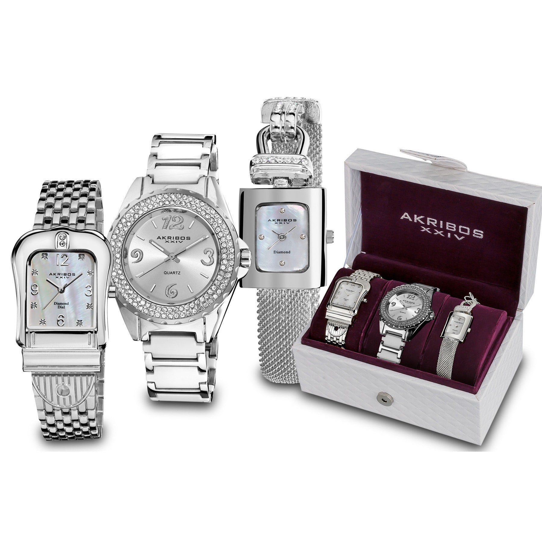 Akribos Xxiv Womens Quartz Diamond Silver Tone Bracelet Watch Set