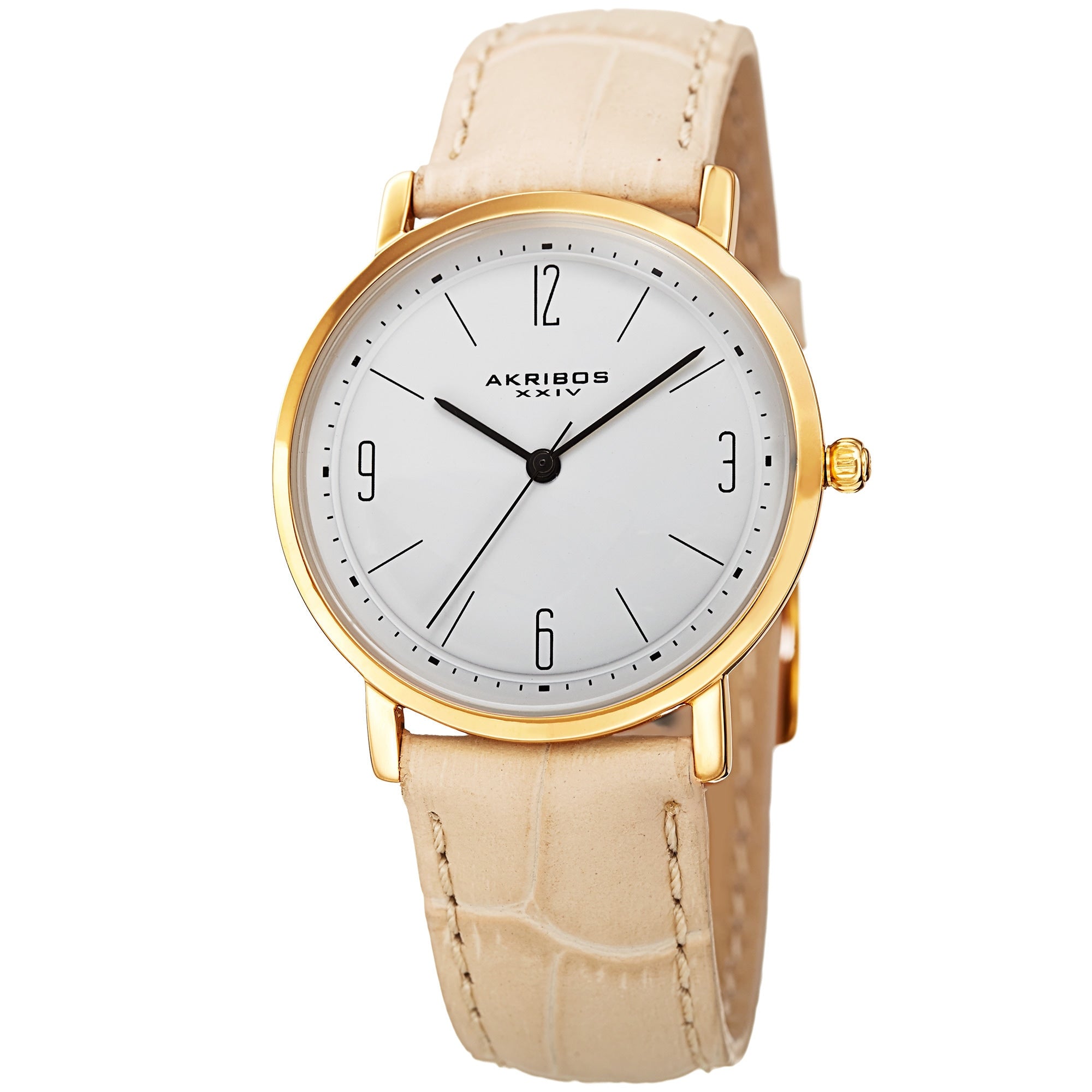 Akribos Xxiv Womens Quartz Easy To Read Leather Beige Strap Watch