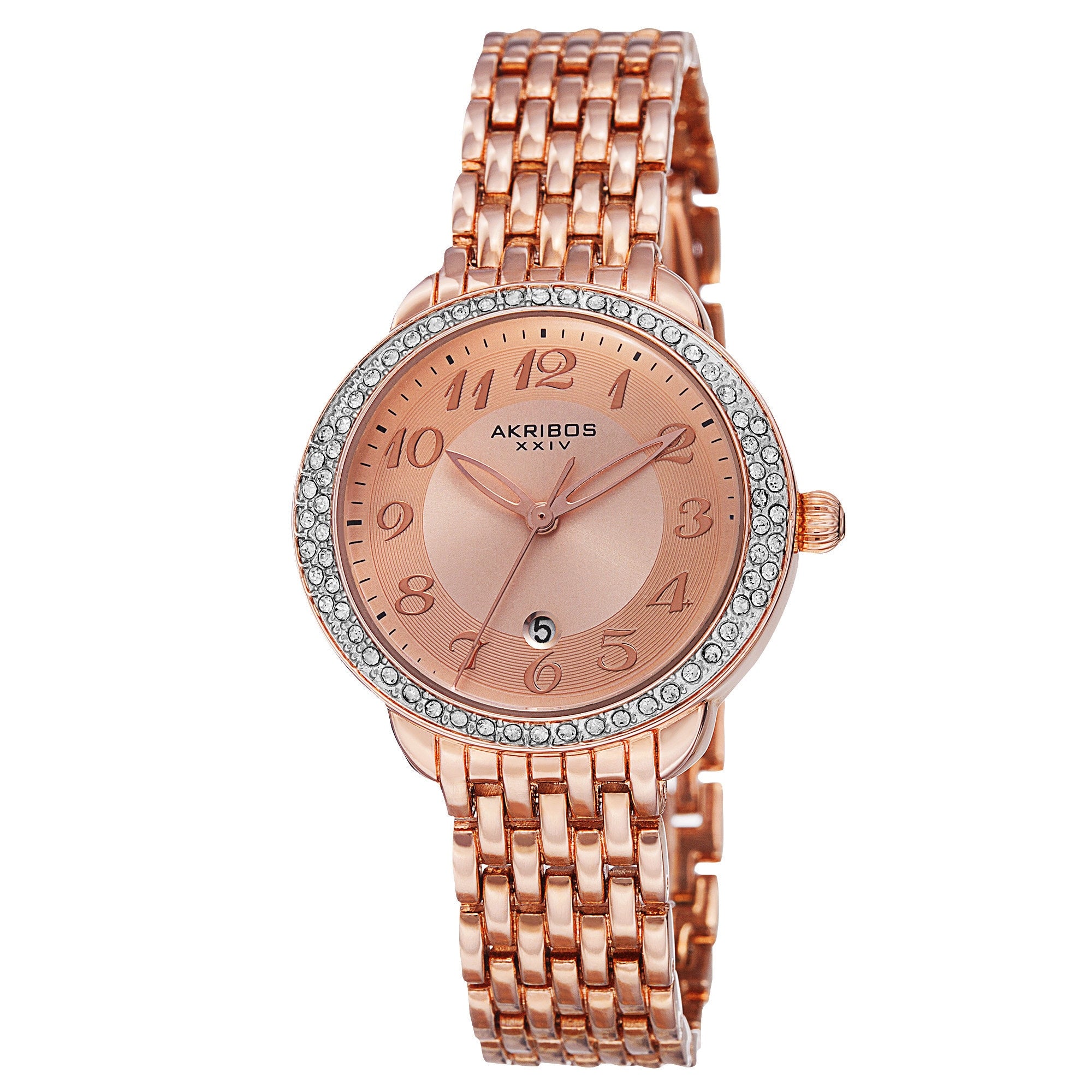 Akribos Xxiv Womens Quartz Swarovski Crystal Bezel Alloy Rose Tone Bracelet Watch Gold