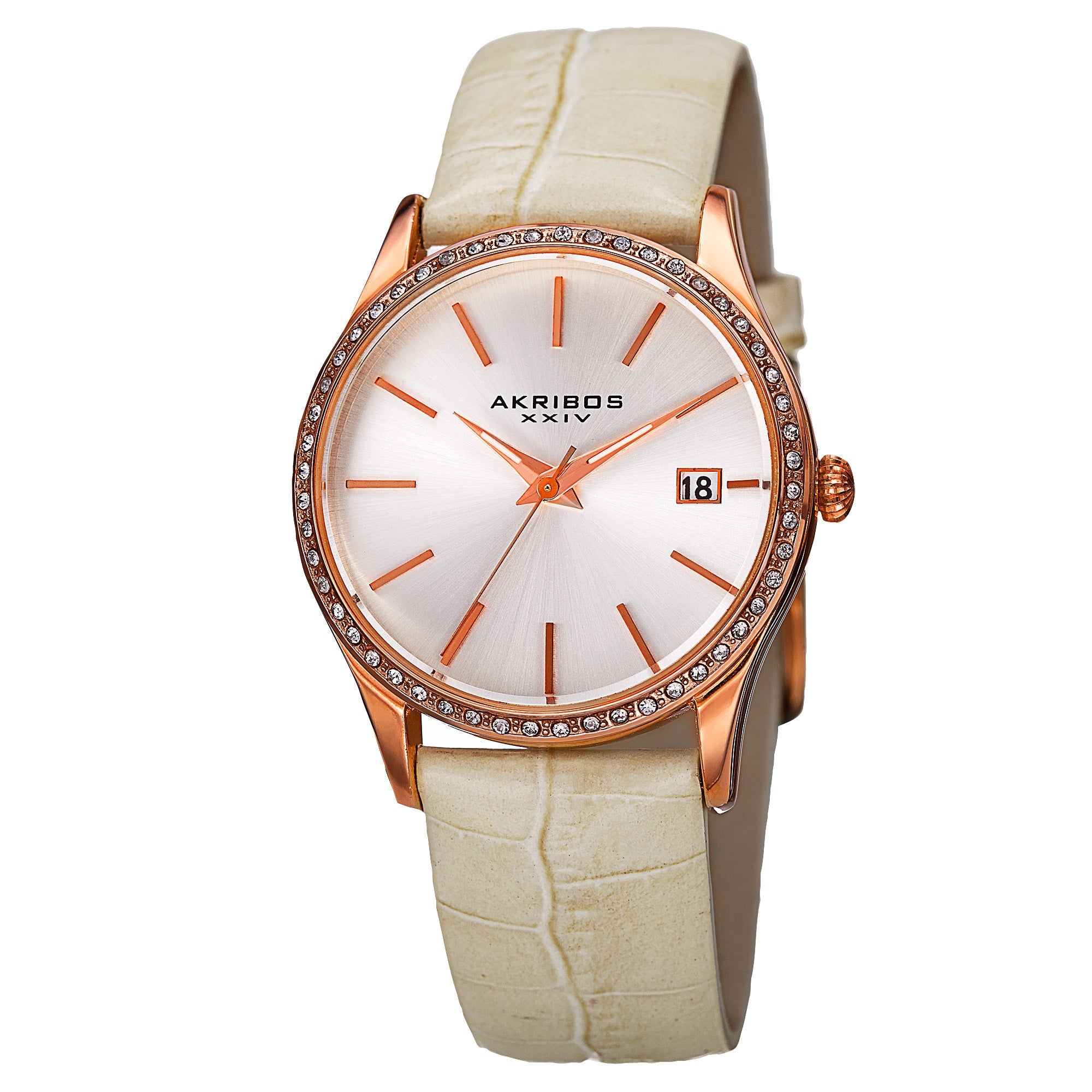 Akribos Xxiv Womens Quartz Swarovski Crystal Leather White Bracelet Watch