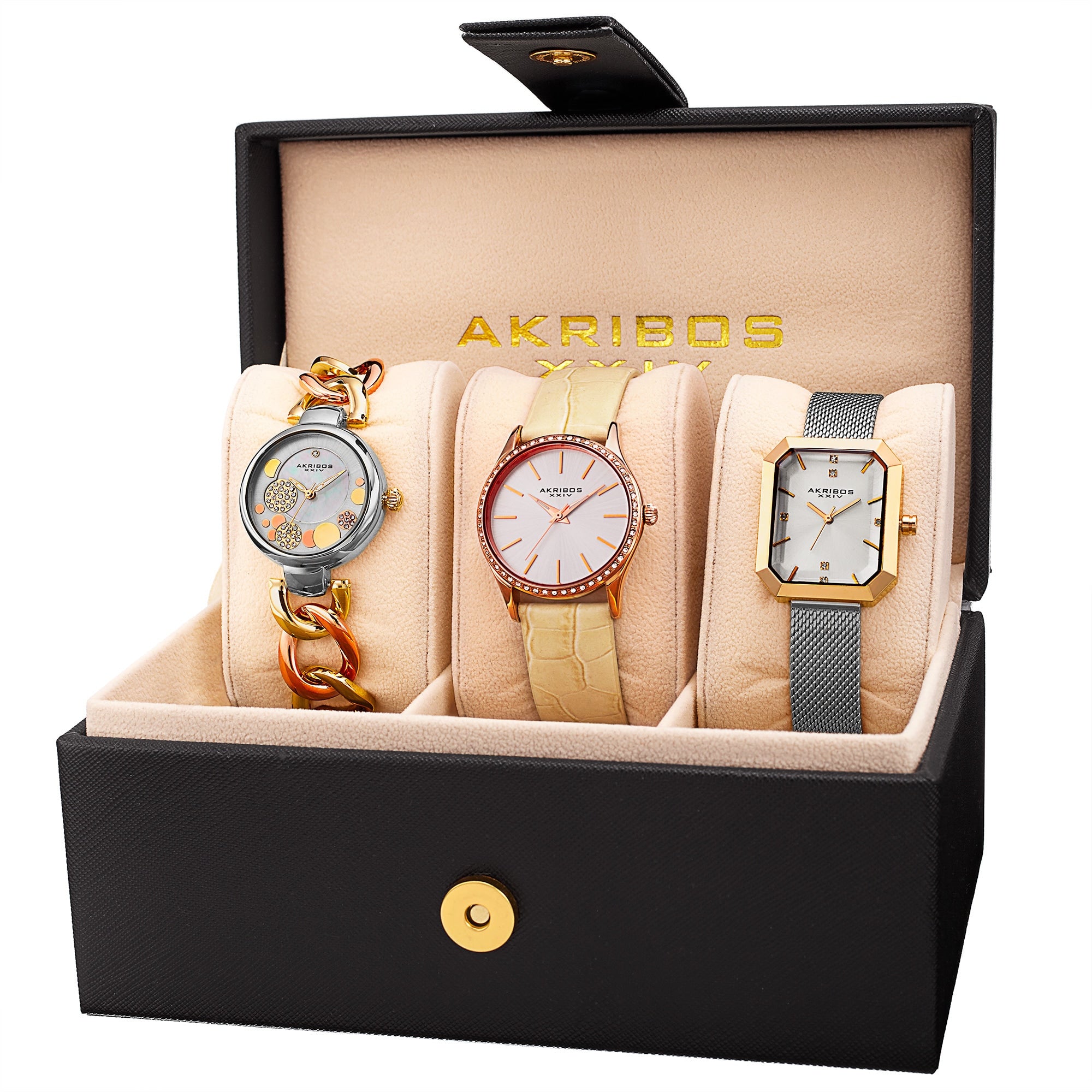 Akribos Xxiv Womens Quartz Two Tone Diamond Crystal Triple Watch Set