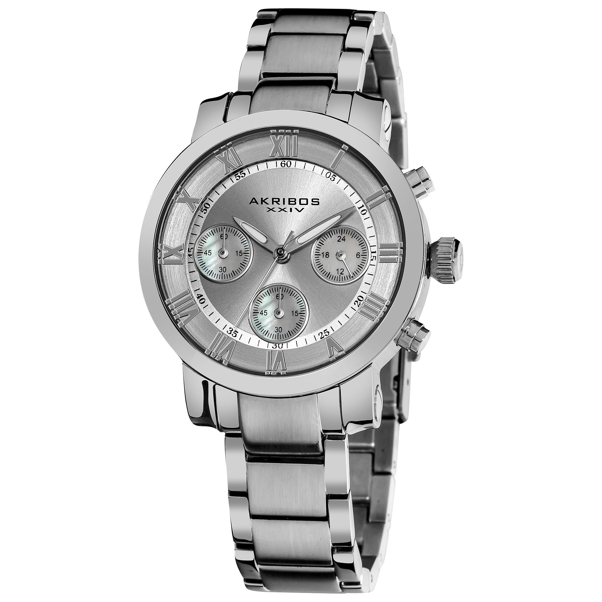 Akribos Xxiv Womens Silvertone Quartz Chronograph Stainless Steel Bracelet Watch