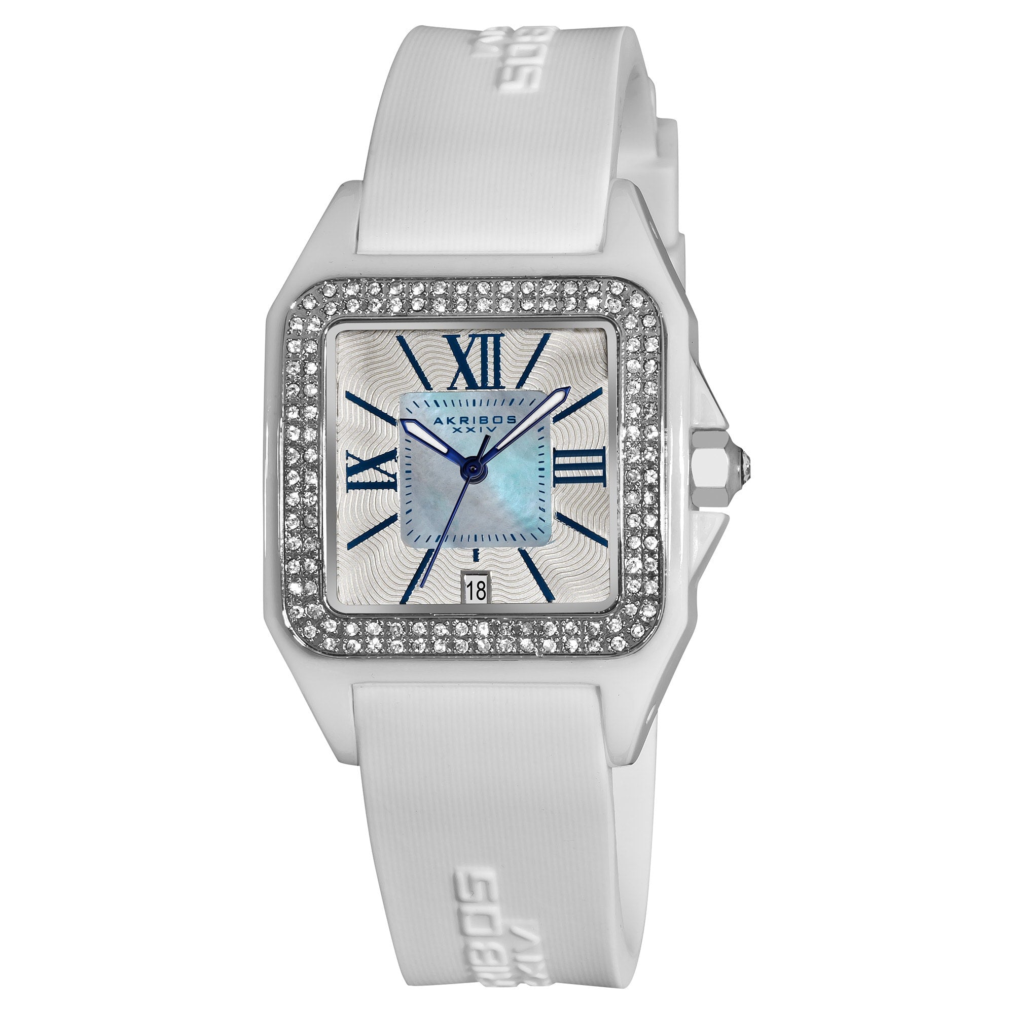 Akribos Xxiv Womens Square Ceramic Case And White Rubber Strap Quartz Watch