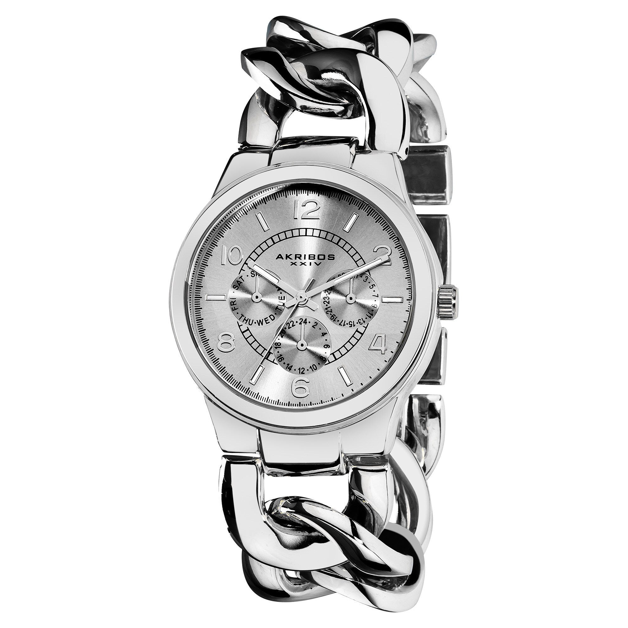 Akribos Xxiv Womens Stainless Steel Twist Chain Quartz Multifunction Silver Tone Watch