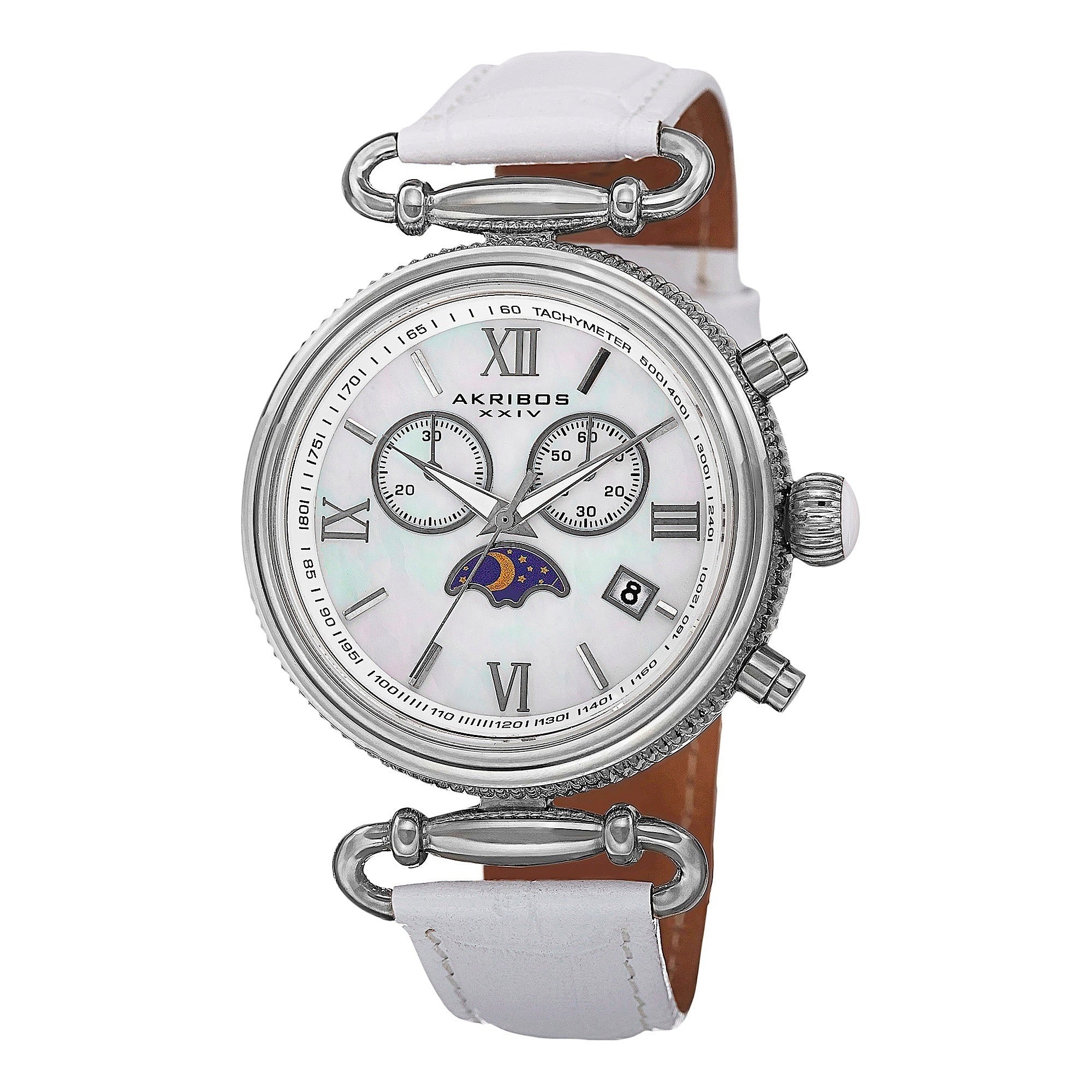 Akribos Xxiv Womens Swiss Quartz Chronograph Leather Silver Tone Strap Watch