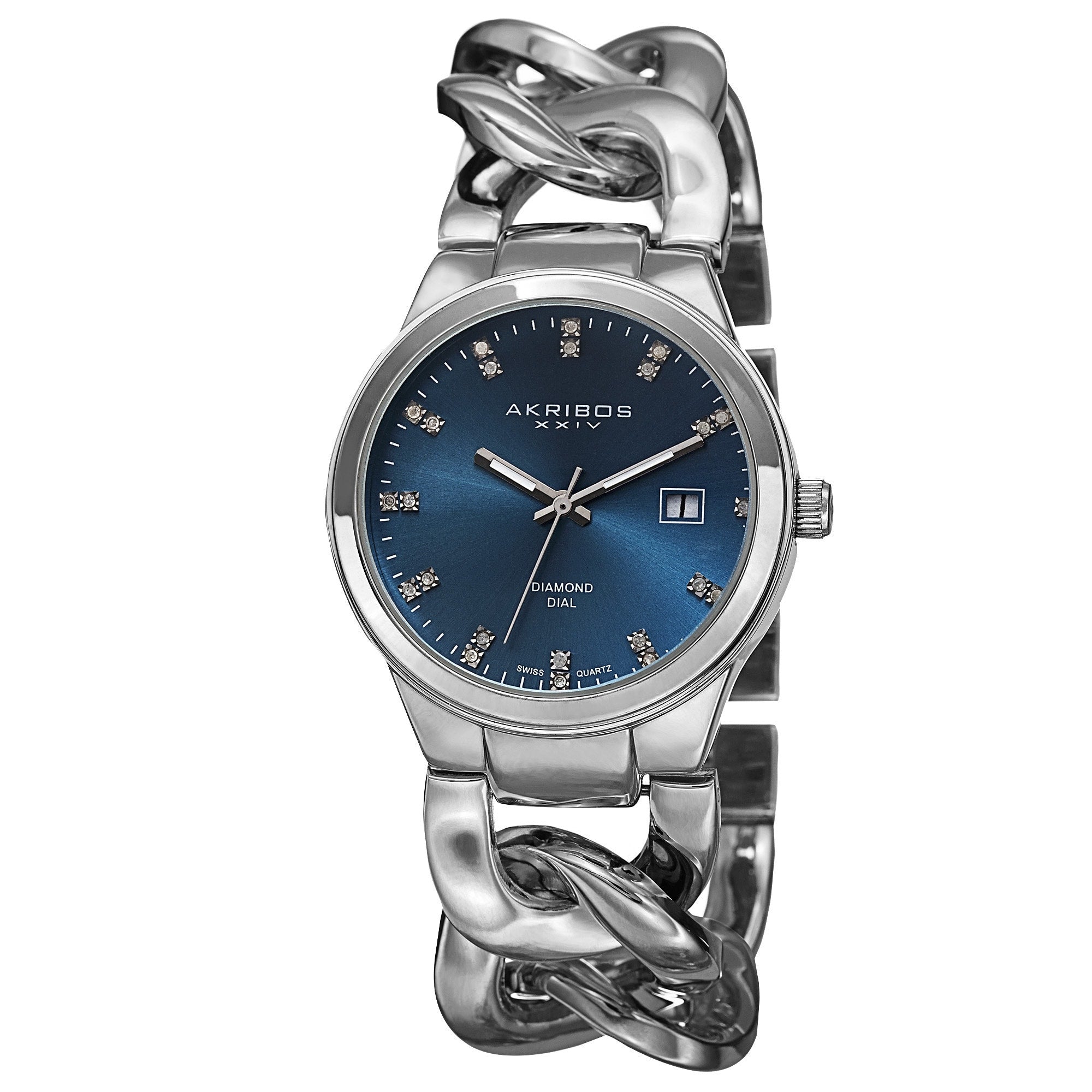 Akribos Xxiv Womens Swiss Quartz Diamond Accented Chain Link Silver Tone Bracelet Watch