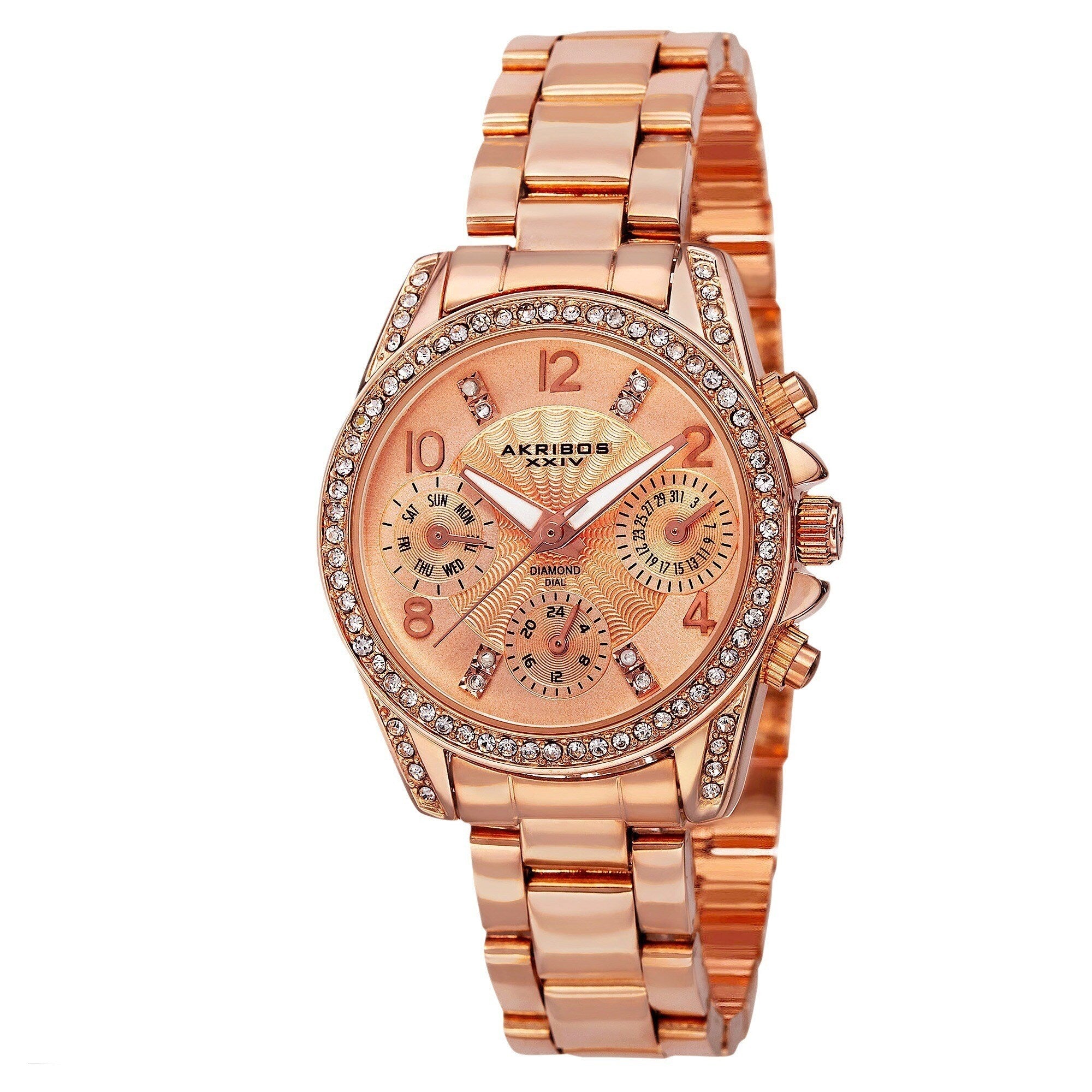 Akribos Xxiv Womens Swiss Quartz Diamond Accented Multifunction Rose Tone Bracelet Watch