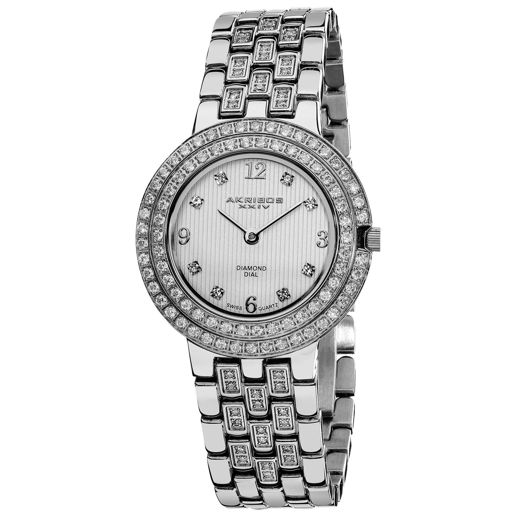 Akribos Xxiv Womens Swiss Quartz Diamond Stainless Steel Silver Tone Bracelet Watch White