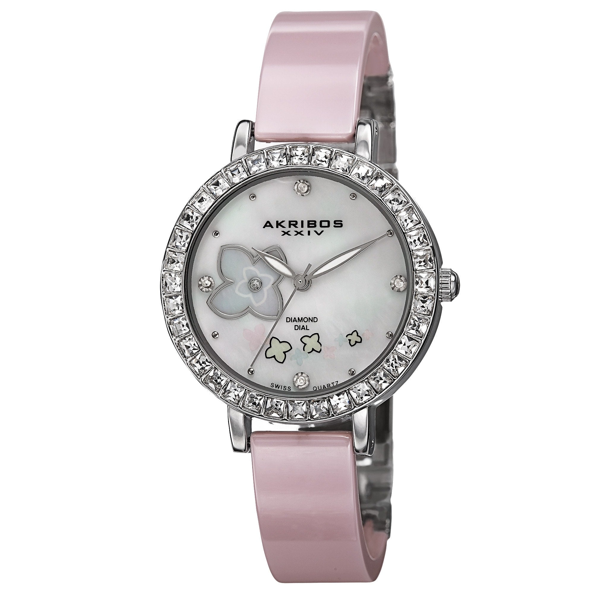Akribos Xxiv Womens Swiss Quartz Flower Design Dial Ceramic Silver Tone Bracelet Watch
