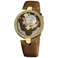 Akribos Xxiv Womens Swiss Quartz Leather Brown Strap Flower Dial Watch Green Multi Silver